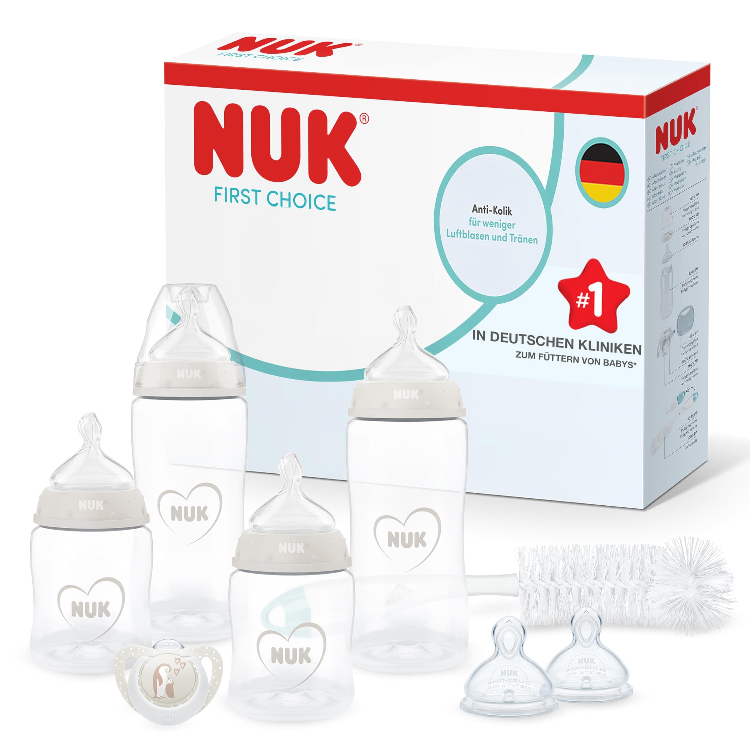 NUK First Choice Perfect Start Babyflaschen Geschenkset für Neugeborene | 0–6 Monate | 4 x Anti-Kolik-Trinkflaschen (150 ml, 300 ml), 2 x Sauger, 1 x Schnuller, 1 x Flaschenbürste | Neutral | 8 Stück
