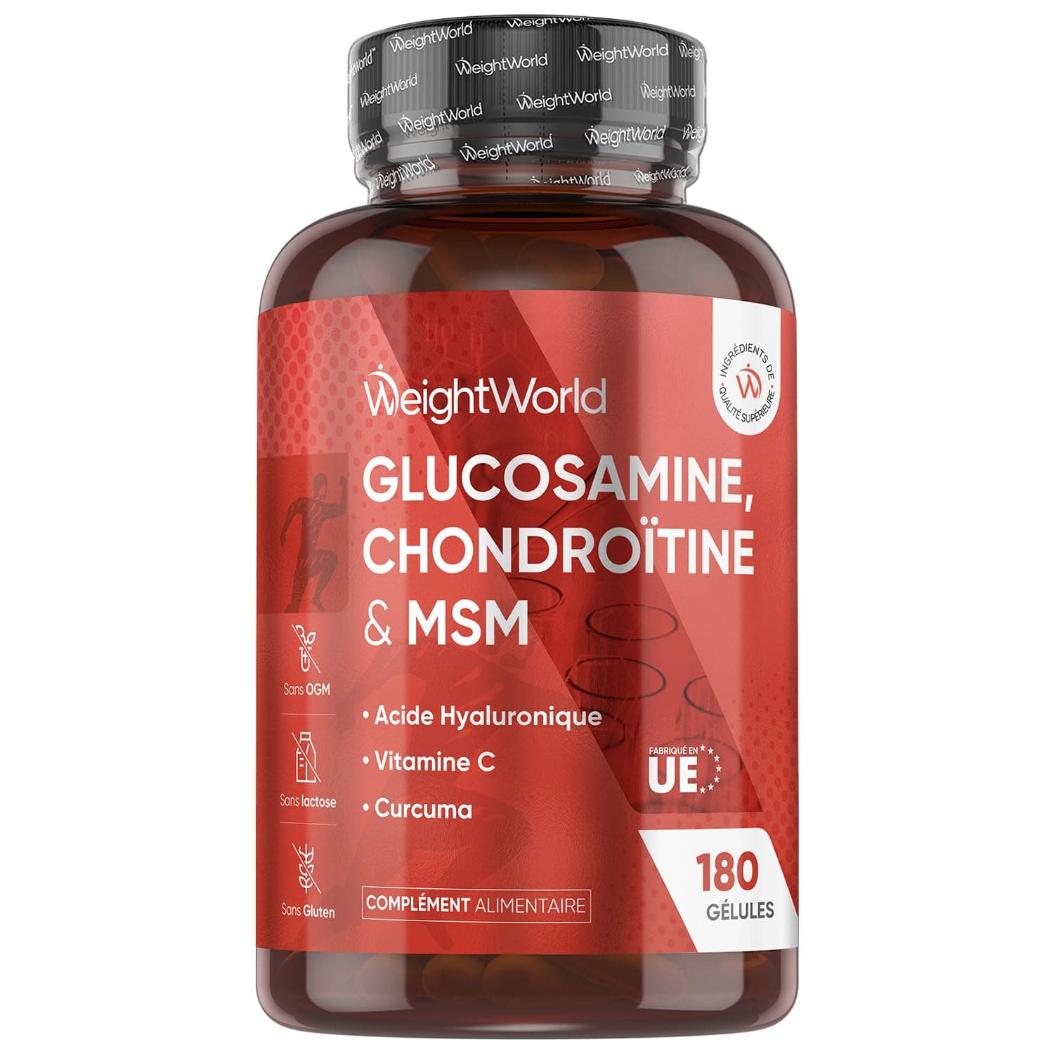 Glucosamine Chondroïtine MSM Vitamine C 180 Gélules - Enrichi en Curcuma, Acide Hyaluronique & Vit C Acide L Ascorbique - Complexe Glucosamine Chondroïtine sans OGM ni sans Gluten
