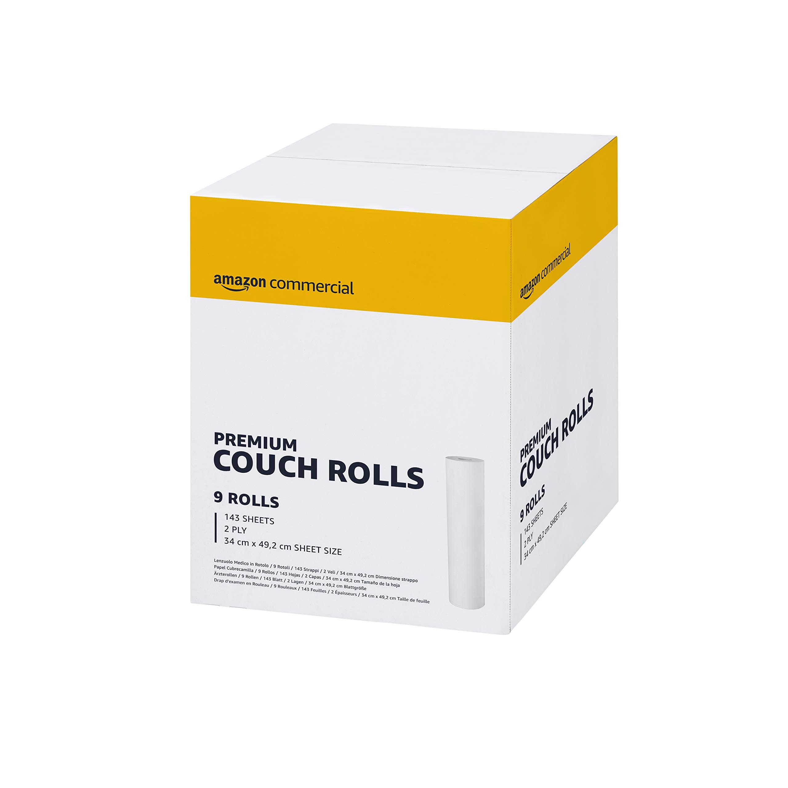 AmazonCommercial Rouleaux Draps d'Examen Rectangulaire, Table de Massage, 2 Epaisseurs Premium, 9 Rouleaux (1 paquet), 50 Mètres / 143 Feuilles per Rouleau, Taille des Feuilles: 34 cm x 49,2 cm, Blanc