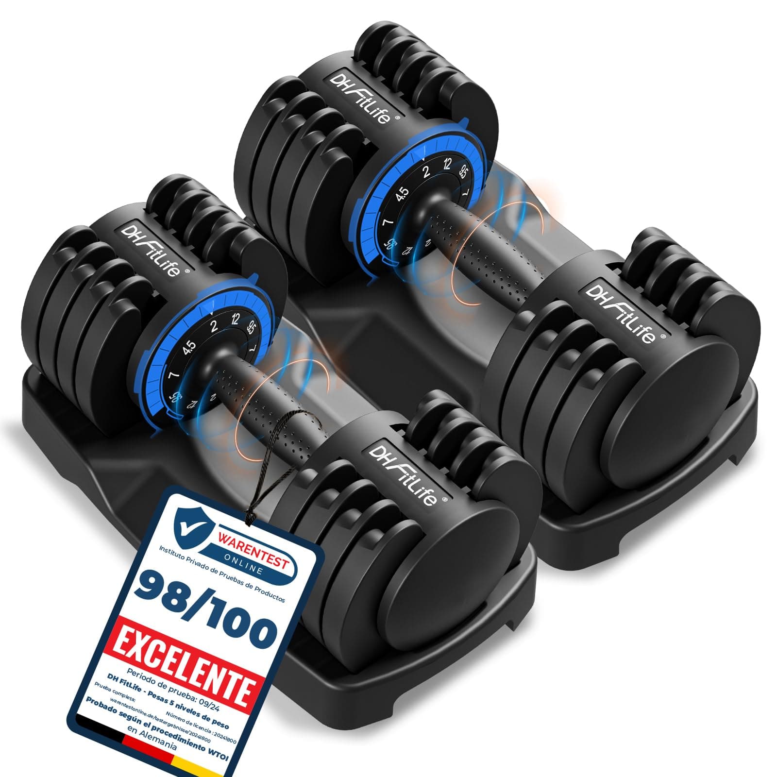 DH FitLife Mancuernas Ajustables 5 en 1, 2–12 kg con 5 Niveles de Peso, Discos Variables, Set de 2 Unidades