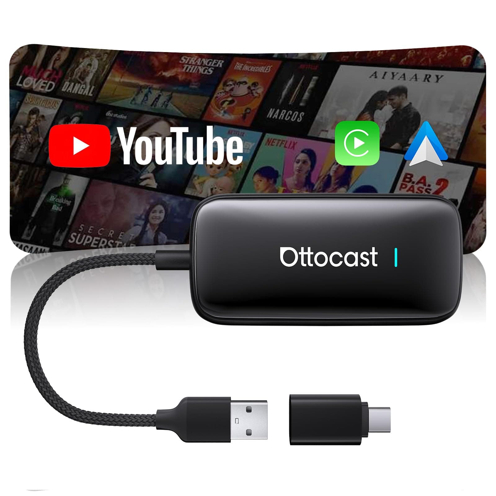 OTTOCAST Play2Video Ultra 2026 AI Box, Adattatore CarPlay Wireless e Android Auto, YouTube Prime Video Spotify, WiFi 6, 4GB+32GB, Plug & Play per Auto con CarPlay Cablato dal 2016