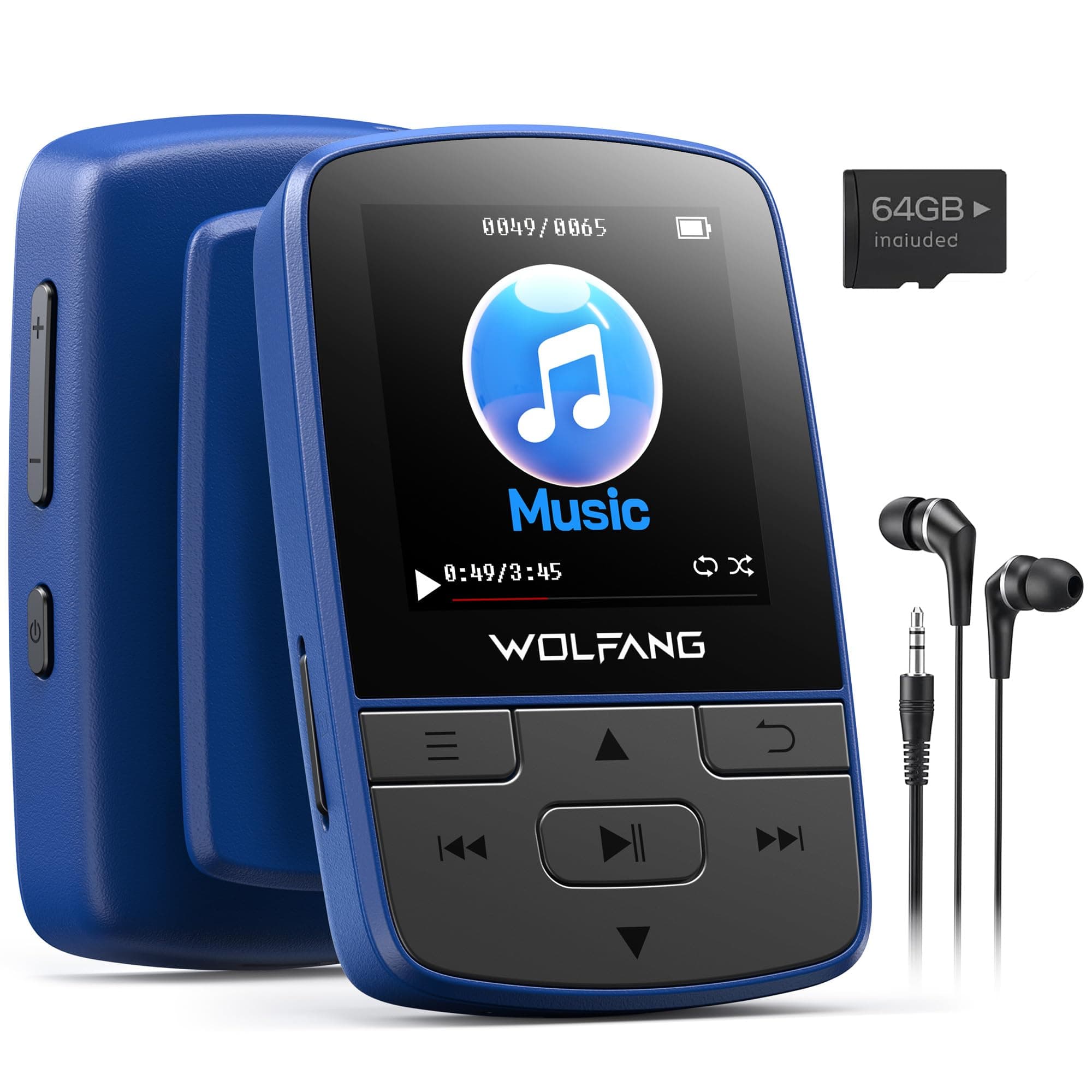 WOLFANG Lecteurs MP3 64 Go avec Bluetooth 5.2, Clip Sport, Taille Mini, Poids 28,3 g, Haut-Parleur HiFi, Radio FM, enregistreur Vocal, écouteurs Inclus