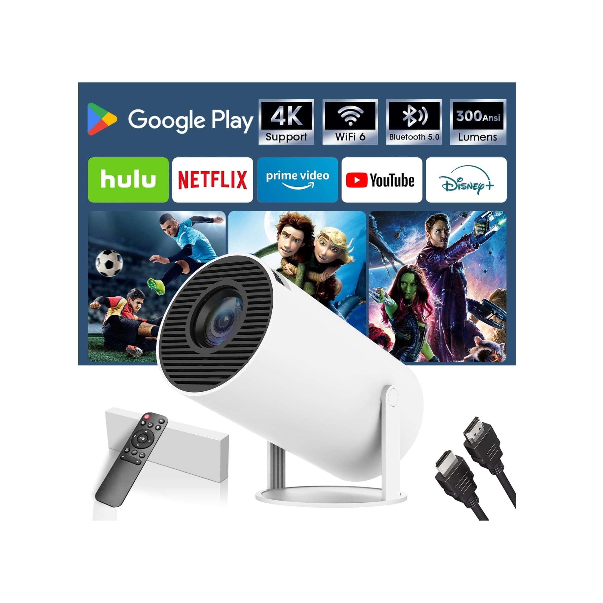 Mini Proyector 4K, Proyector portátil Android 11, 1080P FHD, WiFi 6, Bluetooth 5.0, Visualización de 130 Pulgadas, Compatible con HDMI/portátiles/móviles.(Blanco)