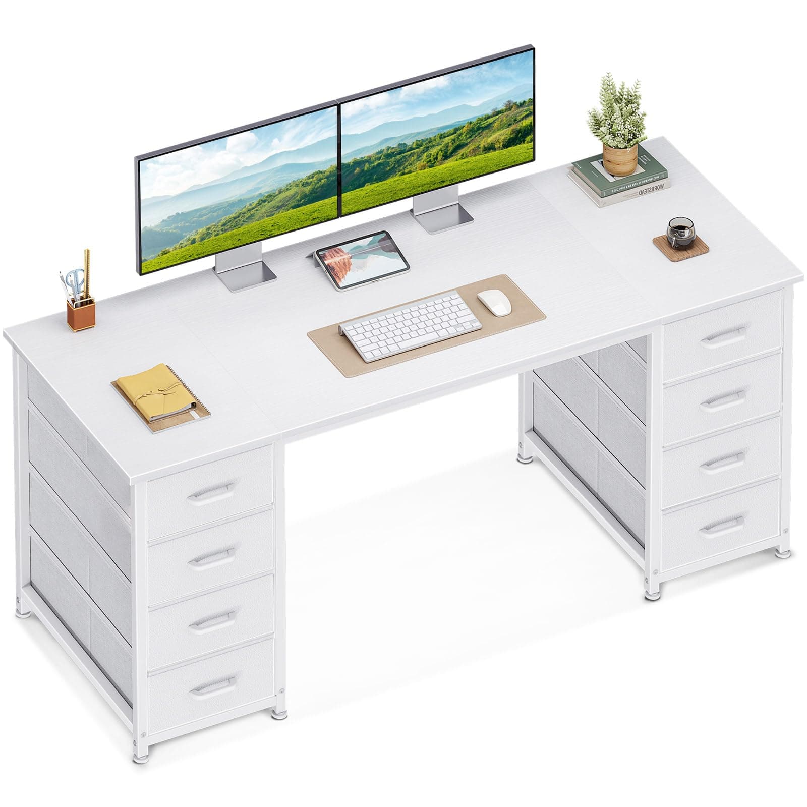 Coleshome Escritorio con 8 Cajones de Tela, 140x48cm Mesa Escritorio de Espacio, Escritorio Ordenador Mesa Oficina para Estudio en Casa, Blanco