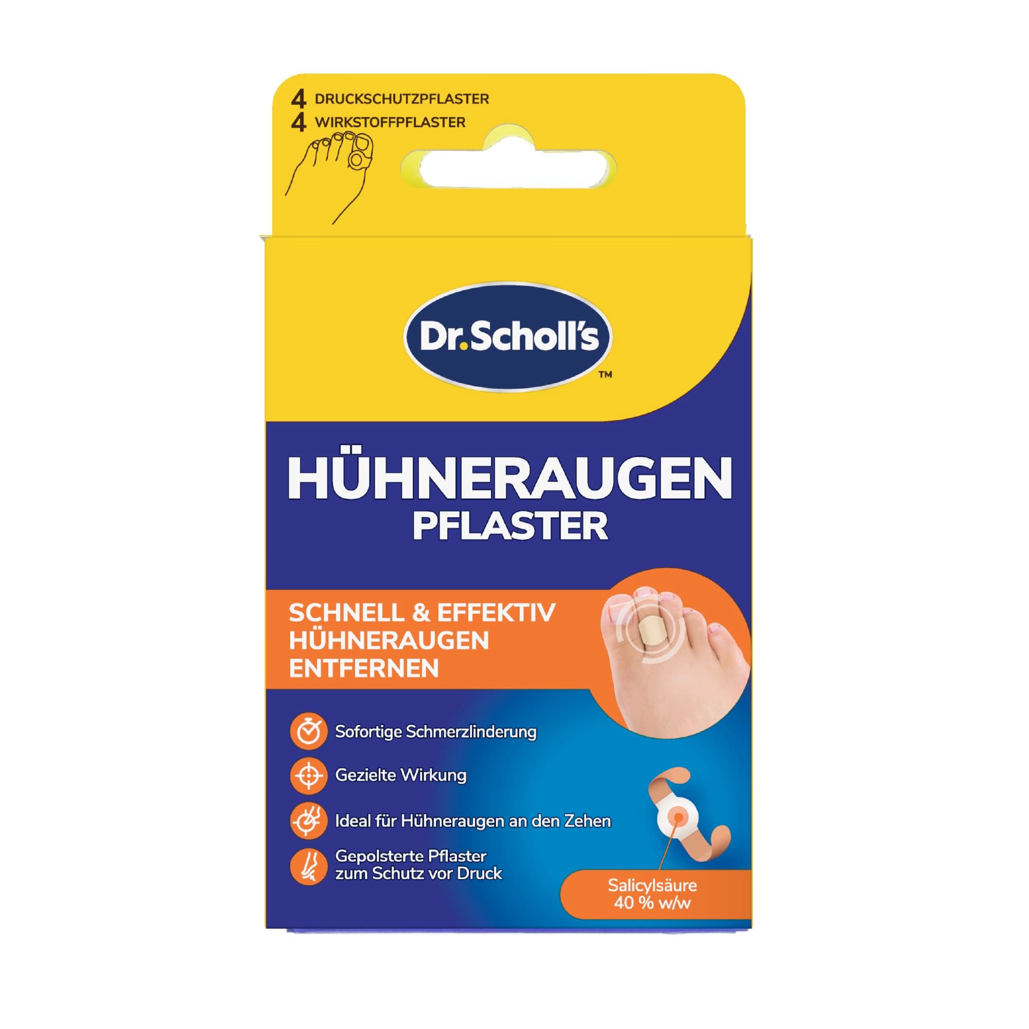 Scholl Hühneraugenpflaster Set, 8 Stück - 4 Hühneraugen & 4 Druckschutzpflaster, Hühneraugen Entferner mit Salicylsäure, sofortige Schmerzlinderung, wasserfest & dermatologisch getestet