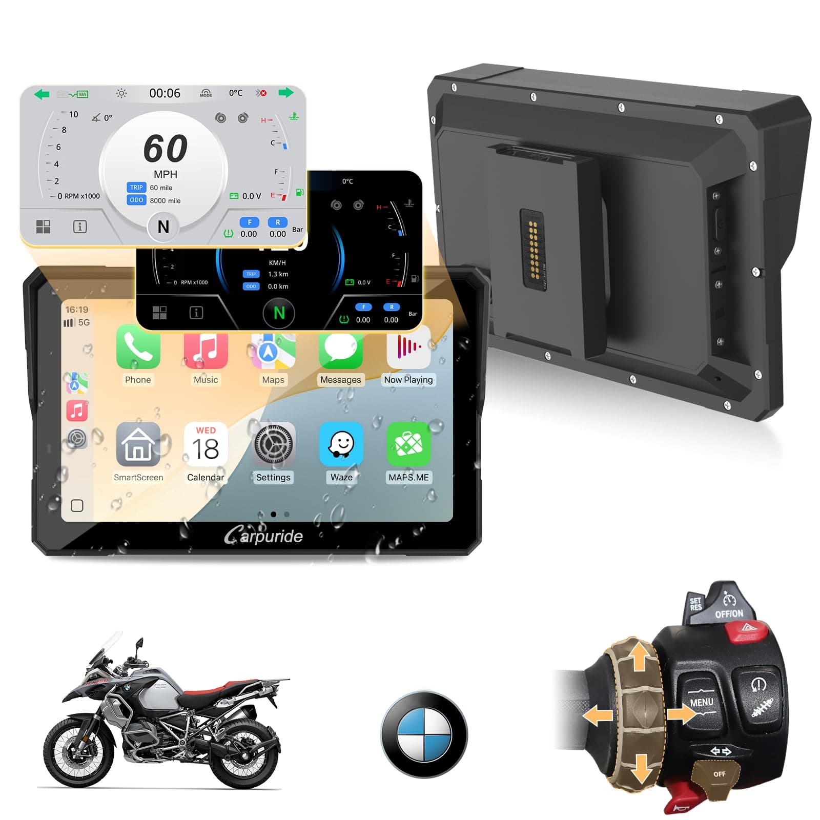 Carpuride W702BS Pro Moto Carplay Schermo con Wonder Wheel per BMW Moto, Senza Fili CarPlay e Android Auto, 7 Pollici Impermeabile Touchscreen, Doppio Bluetooth, Interfono Funzione, Dati Lettura.