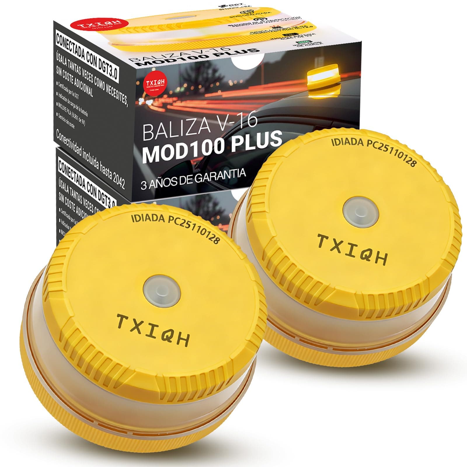 【2 uds】Baliza v16 homologada dgt con Geolocalización y Conexión DGT 3.0, MOD100 PLUS LED de Alta Intensidad 360°, Protección IP54 Antilluvia y Polvo, Servicio de Comunicación Gratuito hasta 2042