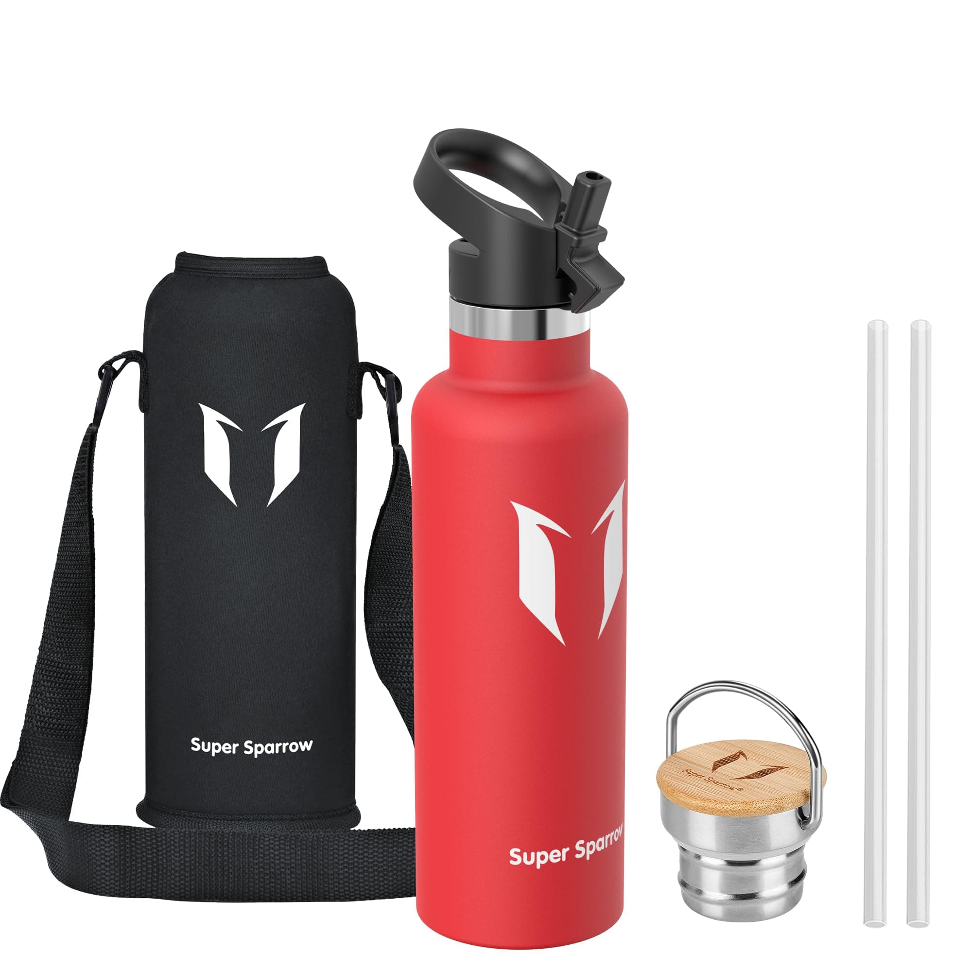 Super Sparrow Trinkflasche Edelstahl - 500ml/750ml/1L - Auslaufsicher Thermoskanne, BPA-Frei Wasserflasche - Thermosflasche Kinder für Sprudel, Sport, Schule, Fitness - Mit 2 Deckeln