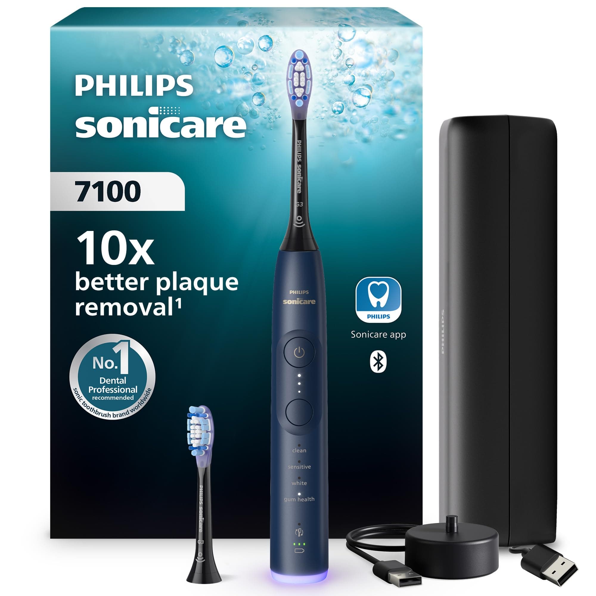 Philips Sonicare 7100, spazzolino elettrico sonico con app, 4 modalità di spazzolamento, 3 livelli di intensità, EasyStart, SmarTimer, blu navy, modello HX7423/01 [Nuova tecnologia]
