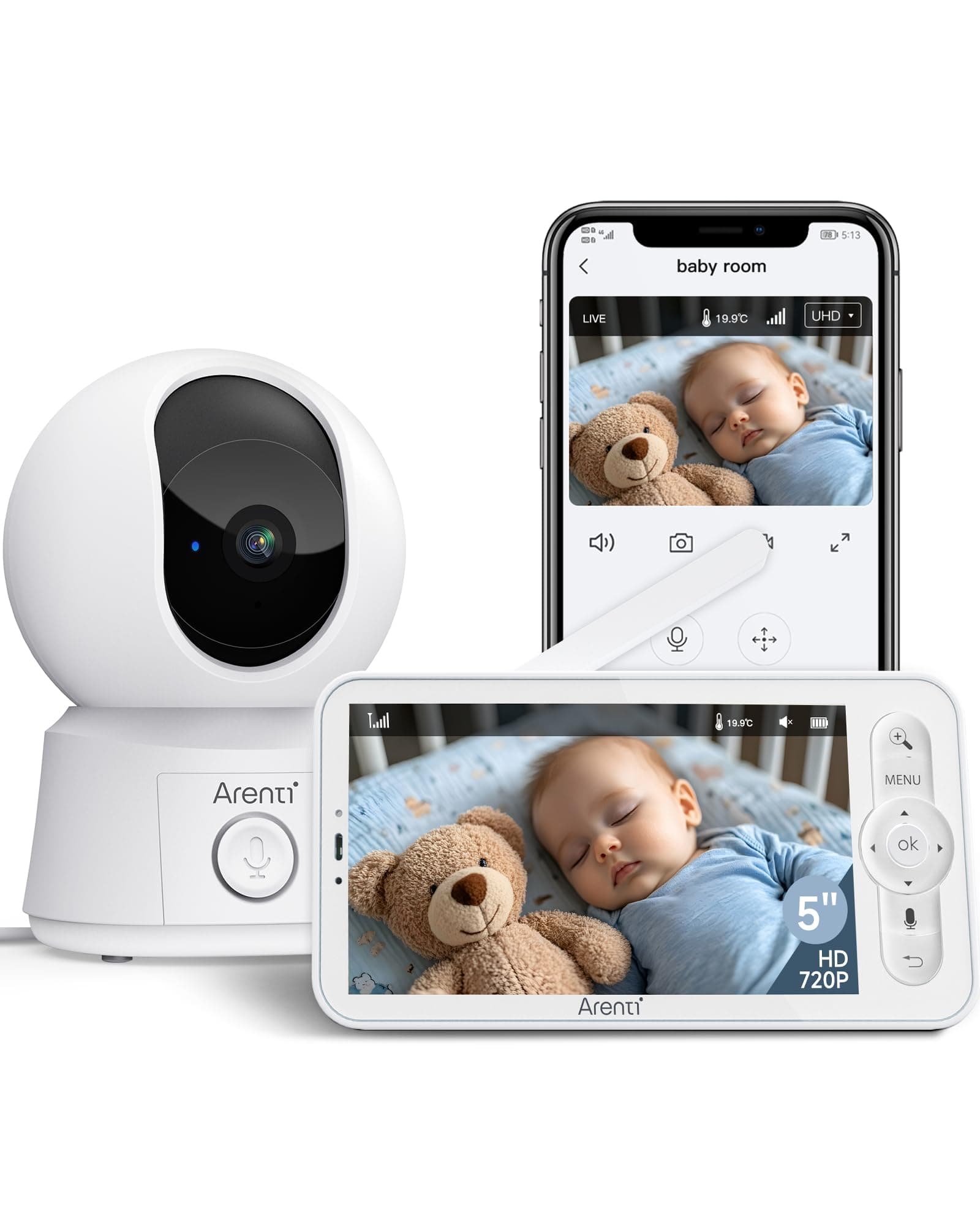 ARENTI 1080P Camara Vigilancia Bebe con Control de 5'' Monitor, 355° PTZ Vigilabebes con Camara con Voz Bidireccional, Detección de Movimiento y Sonido, Visión Nocturna, Sensor Temperatura, Modo VOX