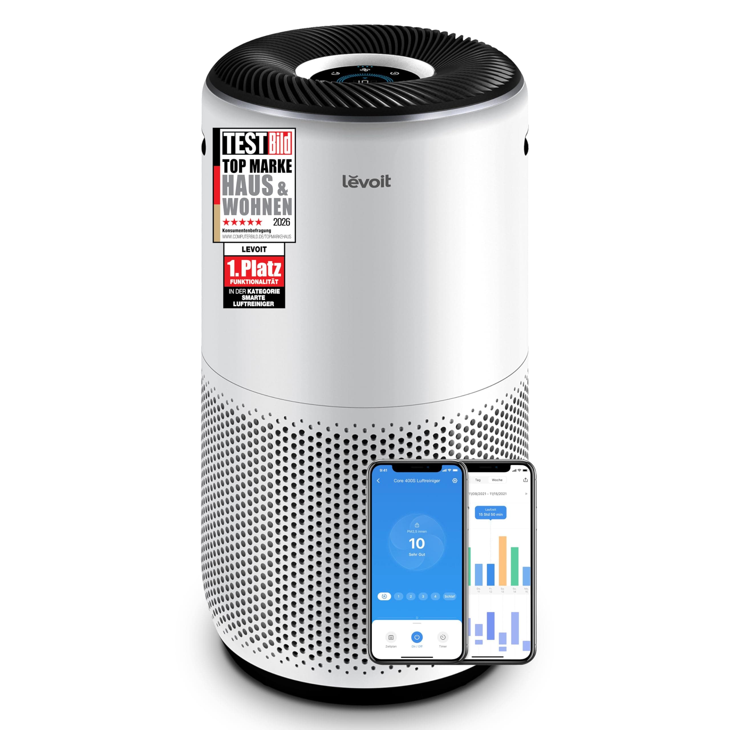 Levoit HEPA Luftreiniger für Allergiker, HEPA plus Aktivkohlefilter, CADR 433 m³/h, für bis zu 90㎡ Wohnung und Raucherzimmer und Schlafzimmer, leise, PM2,5 Anzeige, Auto und App, Core 400S, Silberweiß