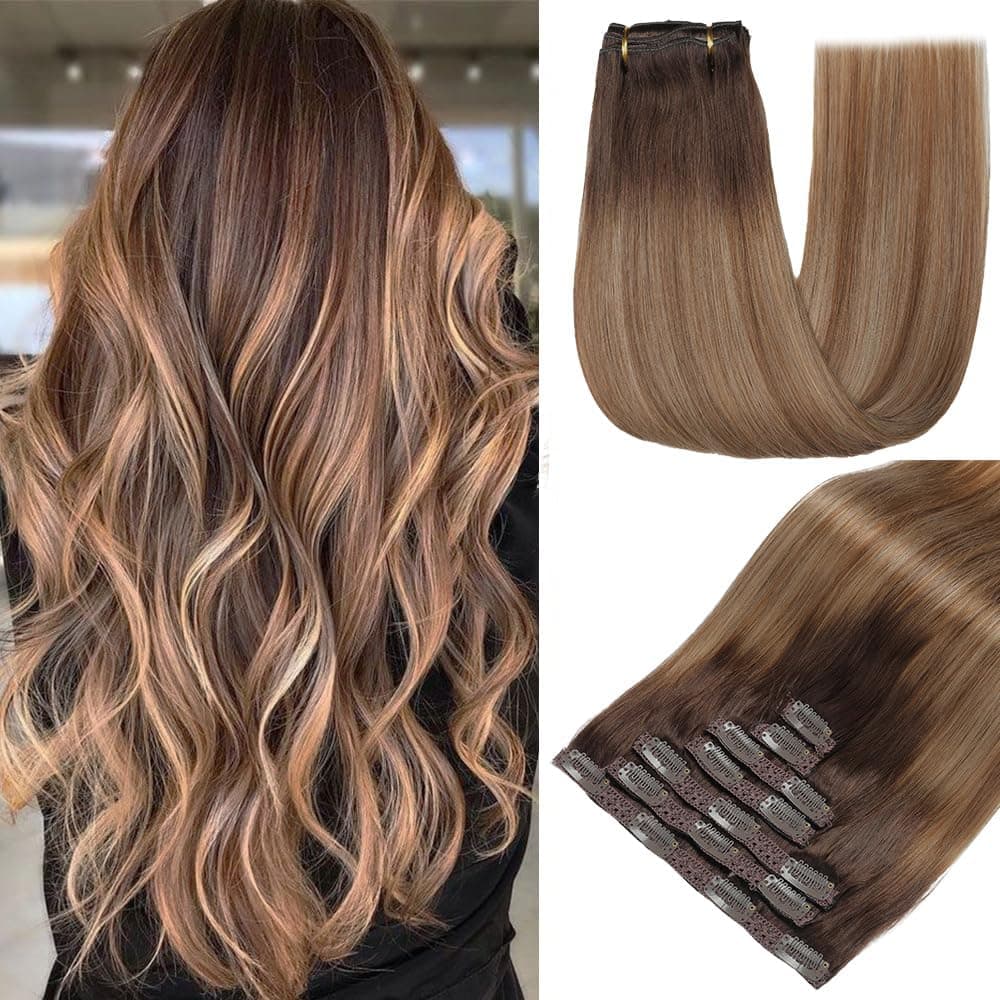 GUDOZO Extension Clip Cheveux Naturel 7pcs 55cm 120g Brun Chocolat Mélangé au Caramel Clip Extension Cheveux Naturel Rajout Cheveux Clip Naturel Clip In Hair Extensions(22Inch,2/6/18K#)