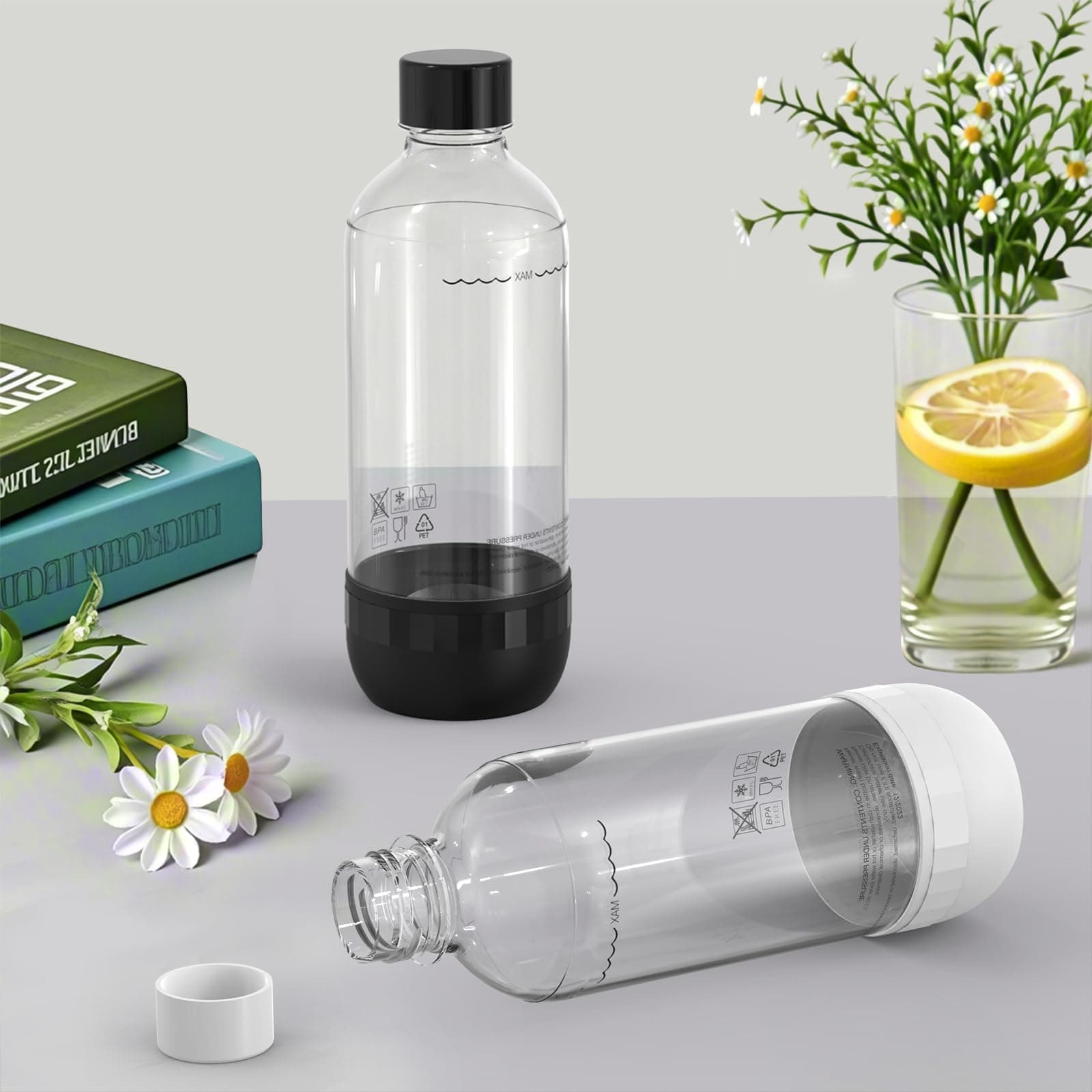 SunnyOcean Lot de 2 bouteilles de soda - 1 l - Sans BPA - Sans PET - Noir et blanc - Réutilisables - Compatibles avec les machines à soda et les machines à gazéifier