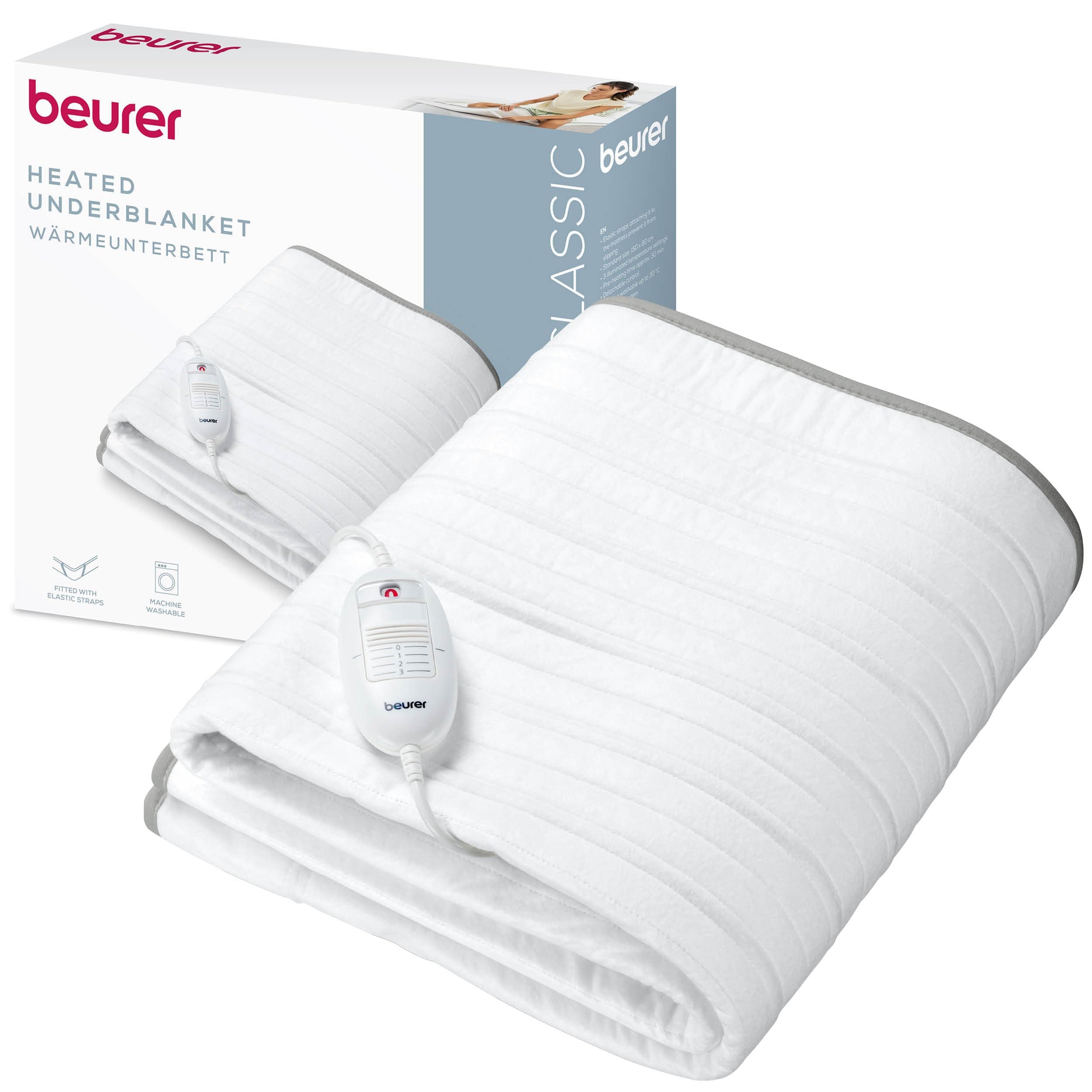 Beurer TS 17 Surmatelas Chauffant, Matière Douce Non Tissée, Antidérapante grâce à la Fixation avec Elastique, 3 Niveaux de Température, 150x80cm, Système de Sécurité, Interrupteur Amovible, Lavable