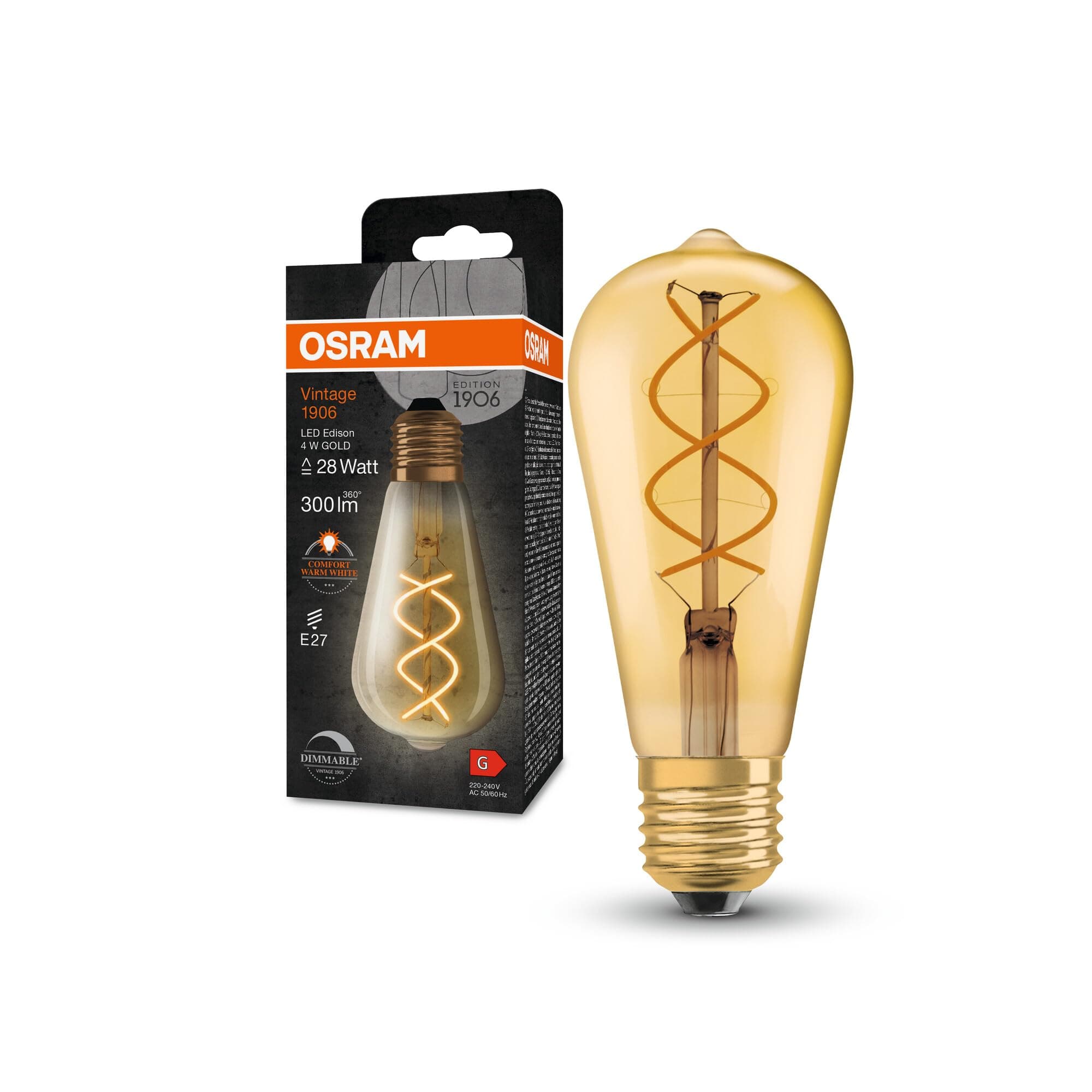 Osram Vintage 1906 Goldene Filament LED Lampe aus Glas in Edison-Form, Sockel E27, 300 Lumen, 28W-Ersatz, sehr warmes weiß fast wie Kerzenlicht (2000K), dimmbar