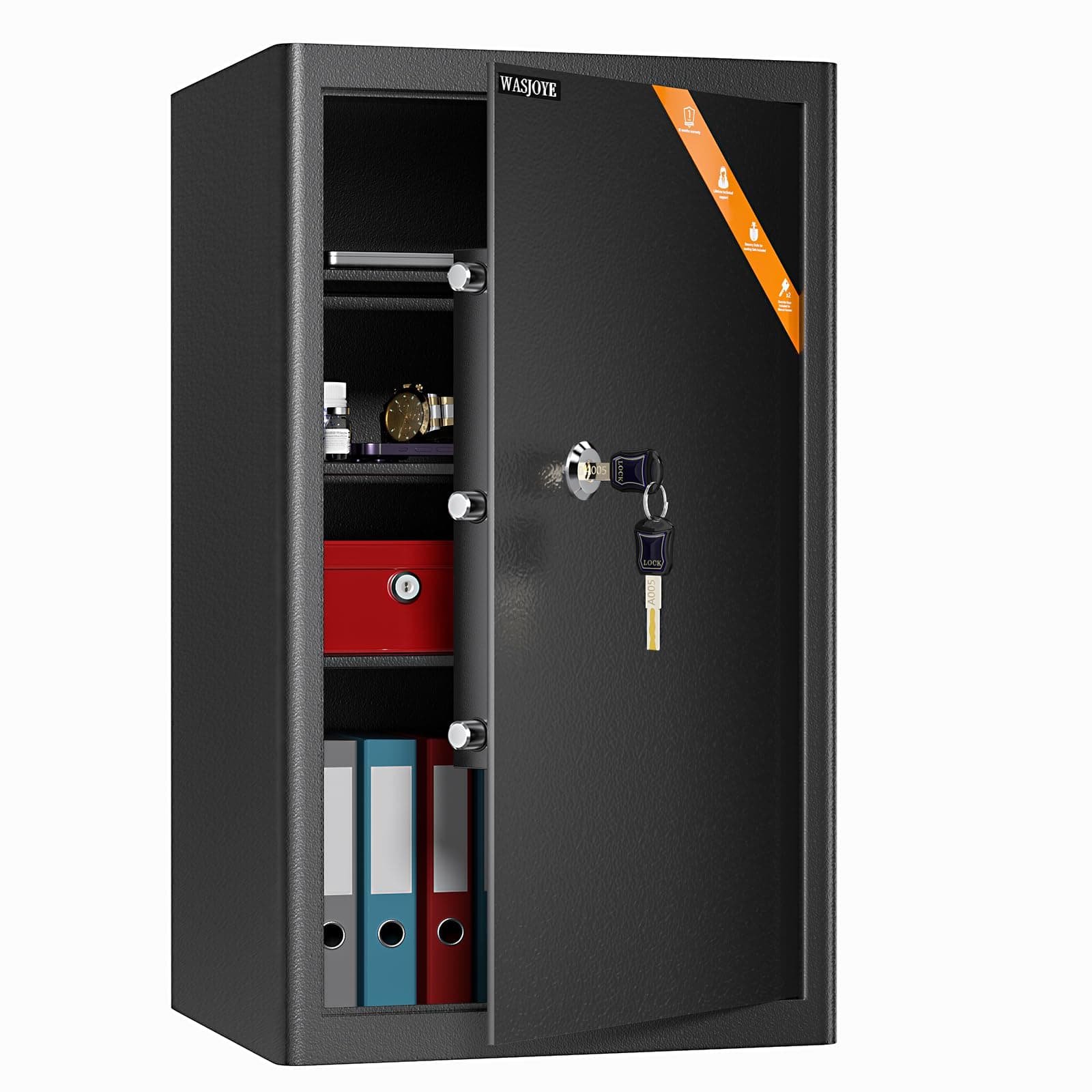 WASJOYE Caja Fuerte con Llaves, Caja de Seguridad, 67L Caja Cerradura de Llaves Para hogar/Oficina, Cajas Fuerte Convencionale para Guardar Dinero, Joya, Medicamento, Teléfono, Documento, 62.5*37*31cm