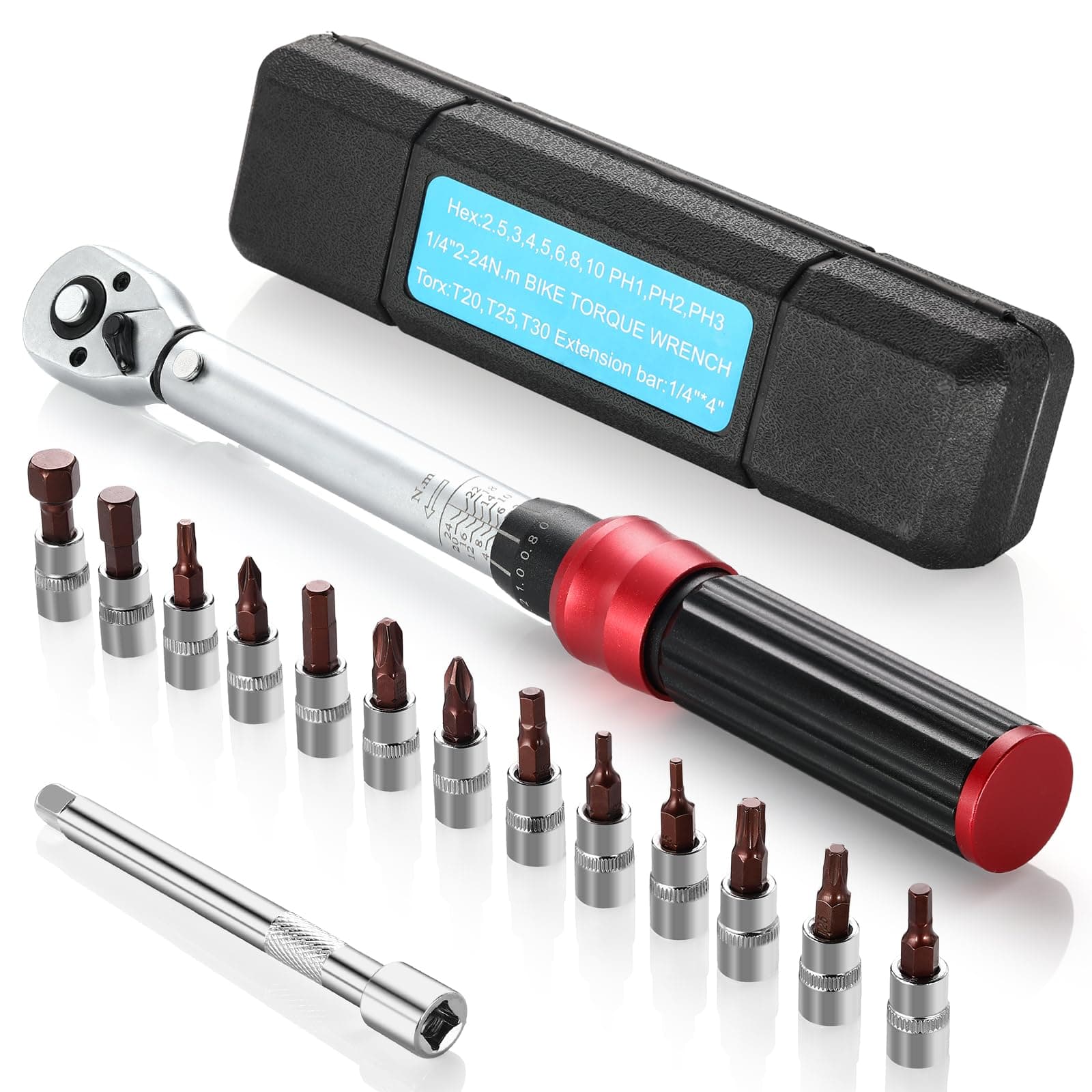 Mkitnvy Llave Dinamométrica Juego para bicicletas y motocicletas de 1/4 ", 5-25 NM, con varilla de extensión de 100 mm, 72 dientes con precisión de error de ± 3% ajustable en dos direcciones