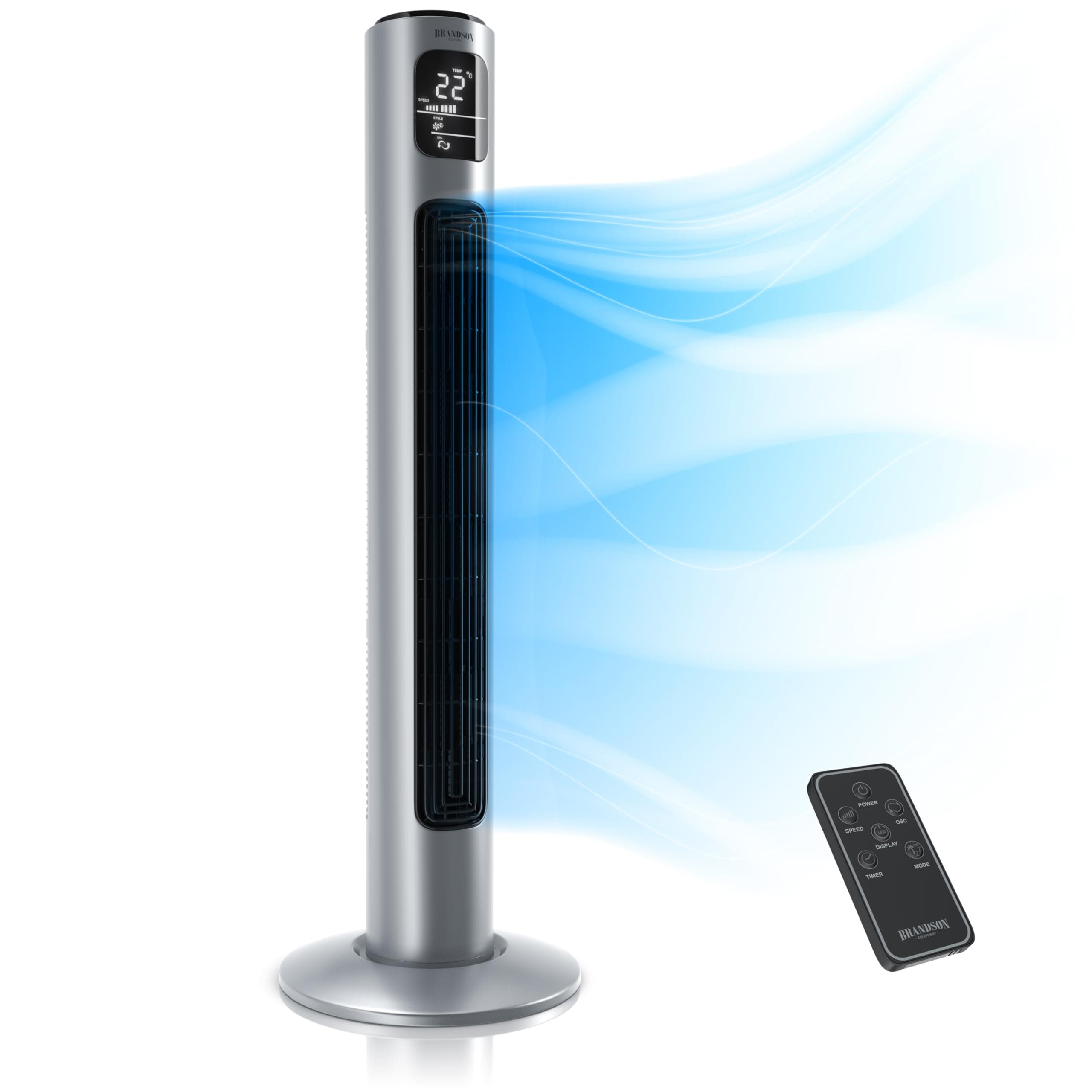 Brandson - Turmventilator mit Fernbedienung 96 cm - Preisträger 2026 - mobiler Lüfter leise - Standventilator Oszilation - 3 Geschwindigkeiten 3 Modi Timer - Ventilator mit GS - Steelsilver