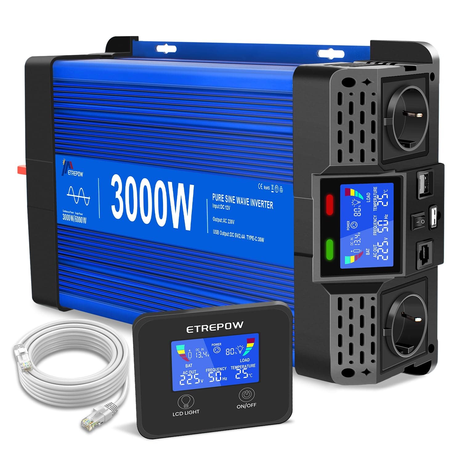 ETREPOW Convertisseur 3000W/6000W 12v 220v Pur Sinus Onduleur, 2 Prises UE, 2 Ports USB+Type-C, adapté aux appareils électroménagers, Camping,Camion