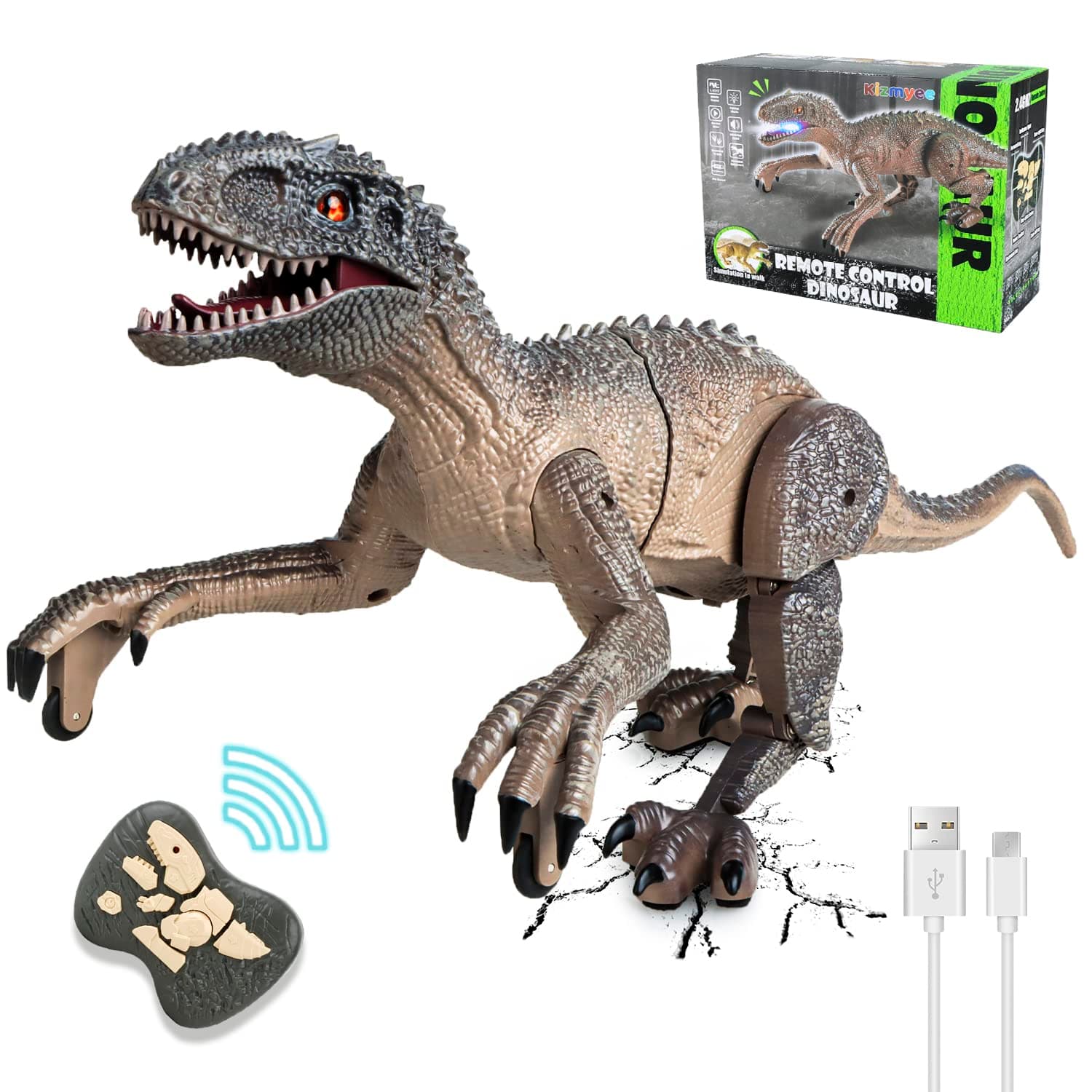 Kizmyee Dinosaure Jouet, Dinosaure Télécommandé Vélociraptor Réaliste pour Enfants avec Marche, Rugissement, Yeux Brillants et Tête Secouante pour Tout-Petits Garçons Filles