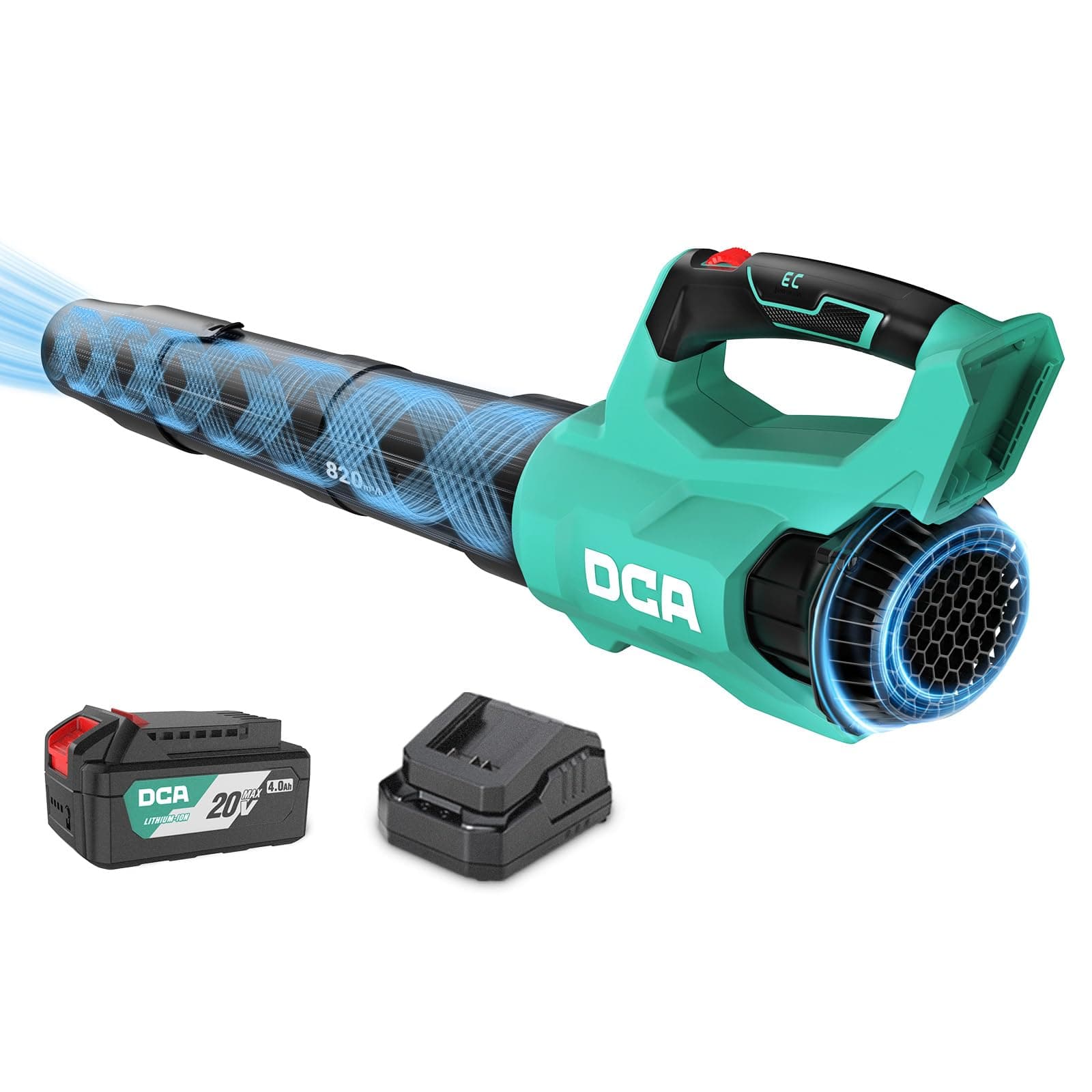 DCA Soplador de Hojas a Batería 20V con Motor Brushless, Volumen de Aire 820 m³/h y 193 km/h, Incluye Batería 4.0Ah, Ligero 1,5kg, Velocidad Variable para Limpieza de Jardín y Polvo
