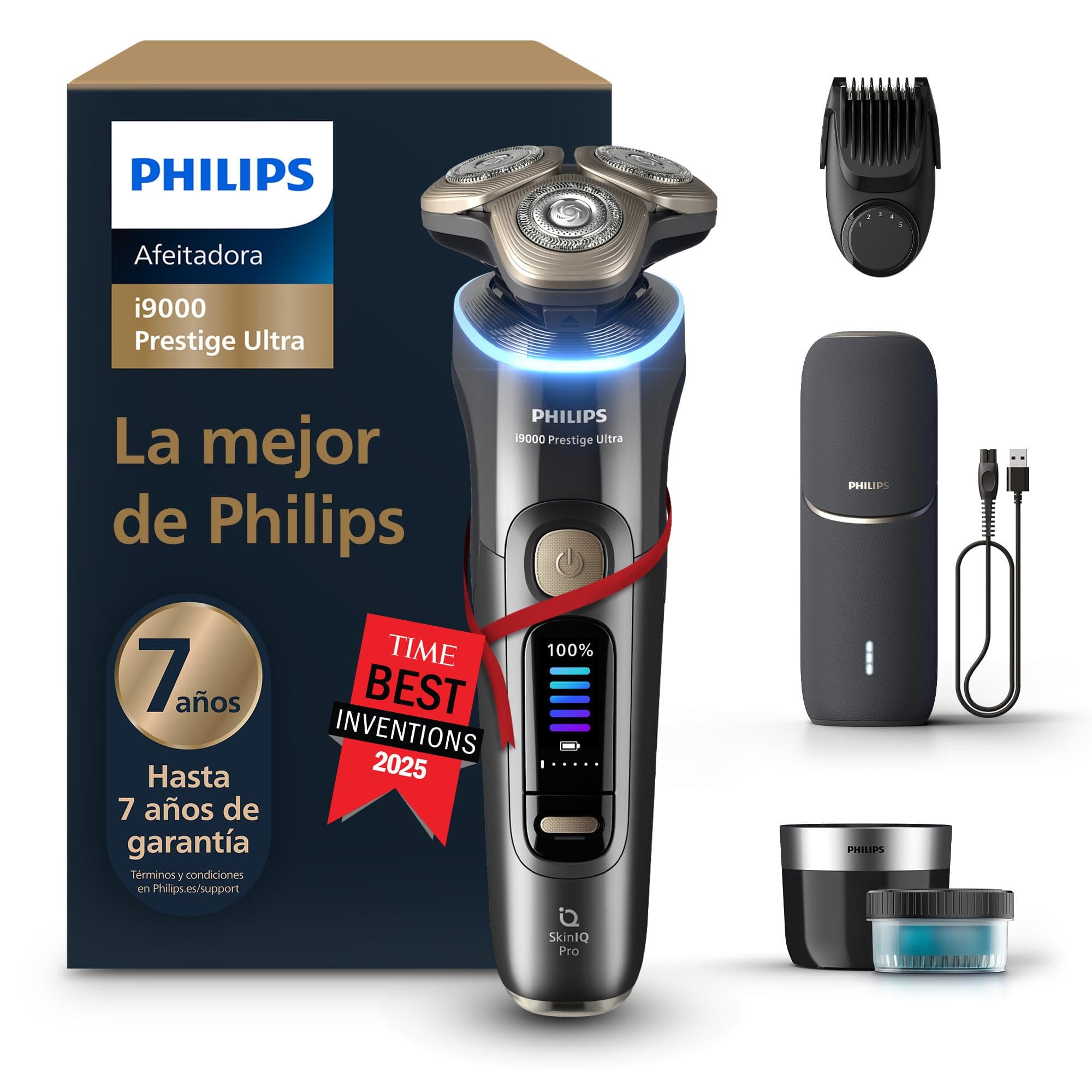 Philips i9000 Prestige Ultra, Afeitadora Eléctrica Hombre, Máquina de Afeitar Barba en Seco y Húmedo, Tecnología SkinIQ Pro, Recargable, Centro de limpieza, Recortador, Estuche de Carga UV, XP9402/46