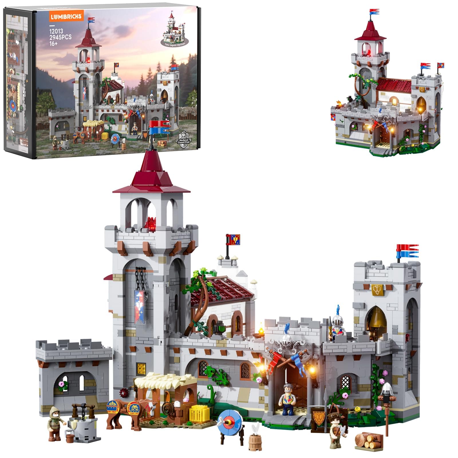 Lumibricks Poste de Garde Médiéval, Set de Construction Modulaire de Caserne de Château 2945 Pièces avec Éclairage LED, Camp d’Entraînement avec Tour de Guet & Passages Secrets, Modèle pour Adultes