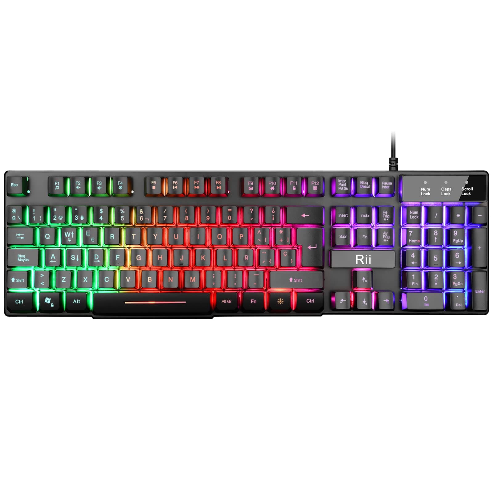 Rii RK100 Plus Teclado retroiluminado Gaming，7 Colores Rainbow LED，Teclado para Juegos con Cable USB，Disposición QWERTY Español
