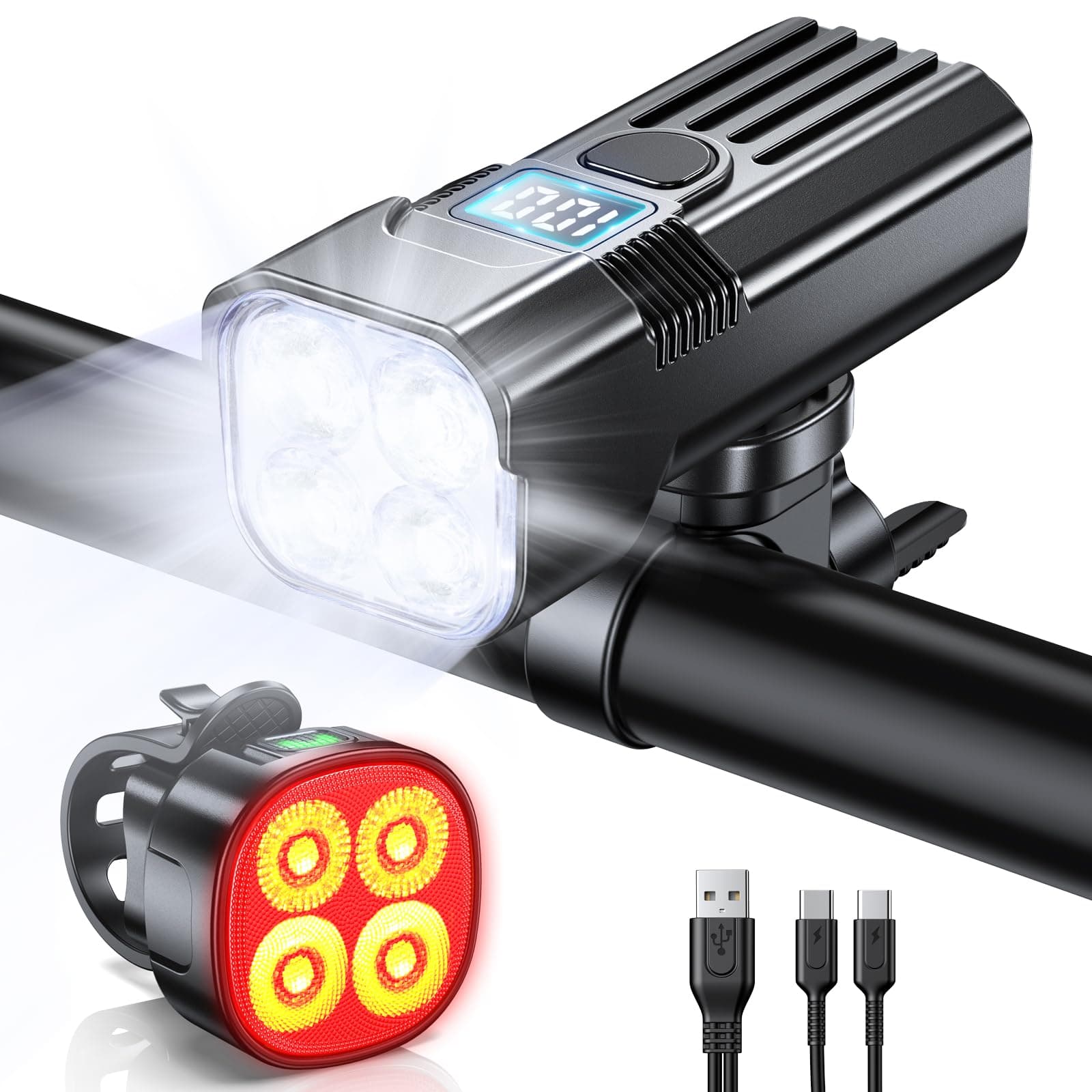 Mohard Luces Bicicleta Delantera y Trasera, [4+7 Modos] & [LED Pantalla de Potencia] 2000LM Luz Bicicleta con Recargable 3000mAh, IP65 Impermeable para Ciclismo de Carretera y Montaña de la Noche