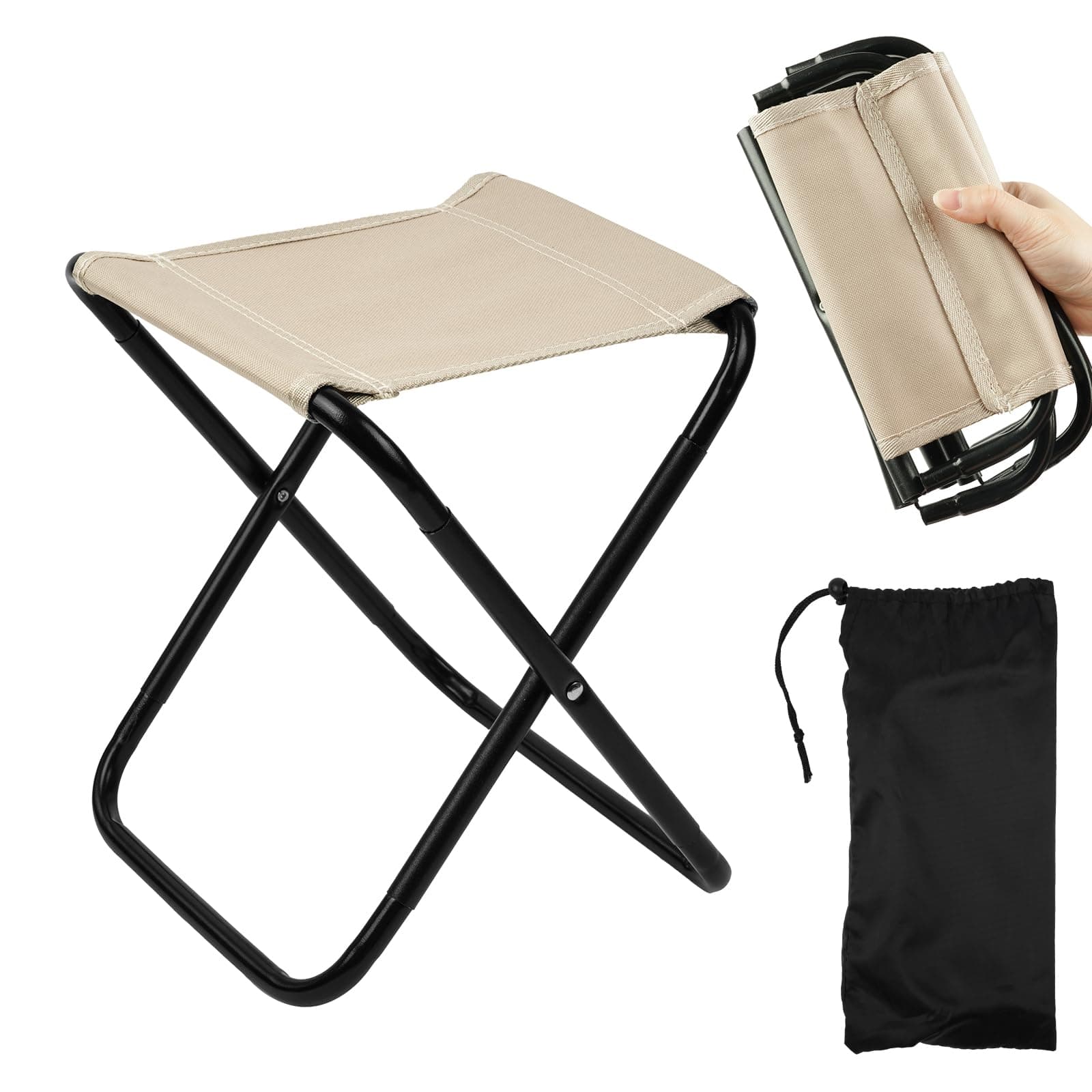 OFFCUP Taburete Plegable Portátil, Pequeño Taburete Plegable para Exterior con Bolsa de Almacenamiento, Mini Silla Plegable Camping para Acampar Senderismo Caza Picnic Viaje (Caqui)