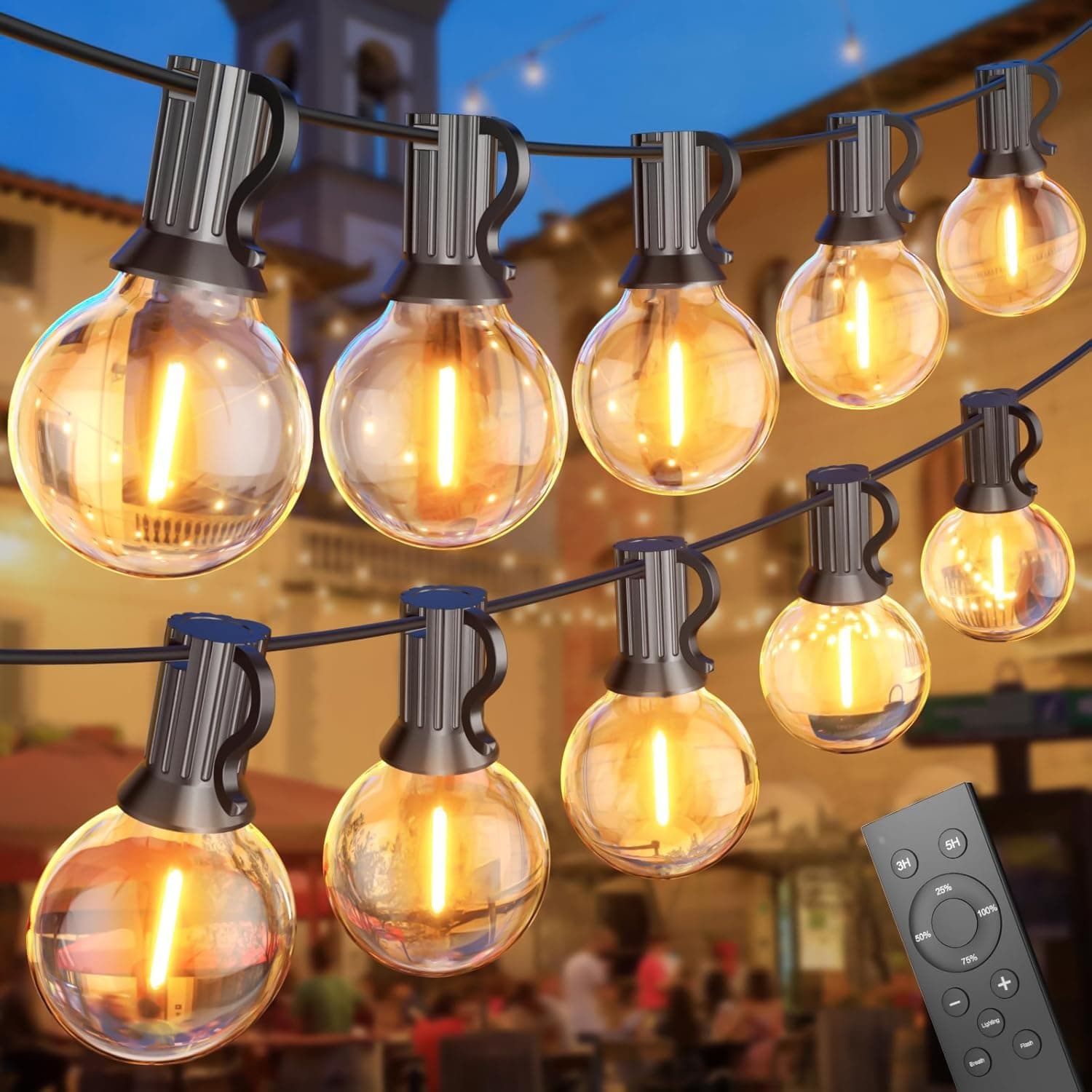 SUWIN Guirnalda Luces Exterior, 45 Metros LED Guirnaldas Luminosas de Exterior con Control Remoto,Impermeable G40 Bombillas Cadena de Luces Regulable, Para Exterior Jardín,Partido,Patio,Boda,3 Modos