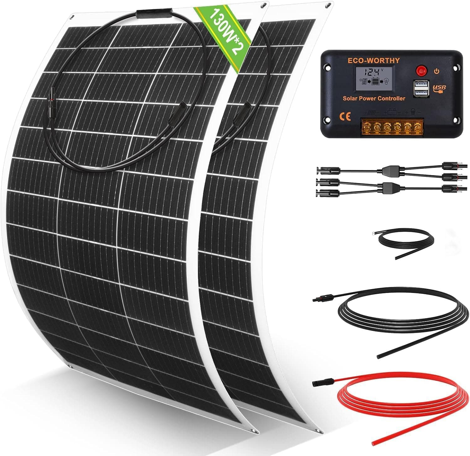 ECO-WORTHY - Kit de panel solar flexible (260 W, 12 V, sistema fuera de la red: 2 paneles solares flexibles 130 W, 30 A, pantalla LCD + 5 m, cable solar para caravana, autocaravana, barco, cabina