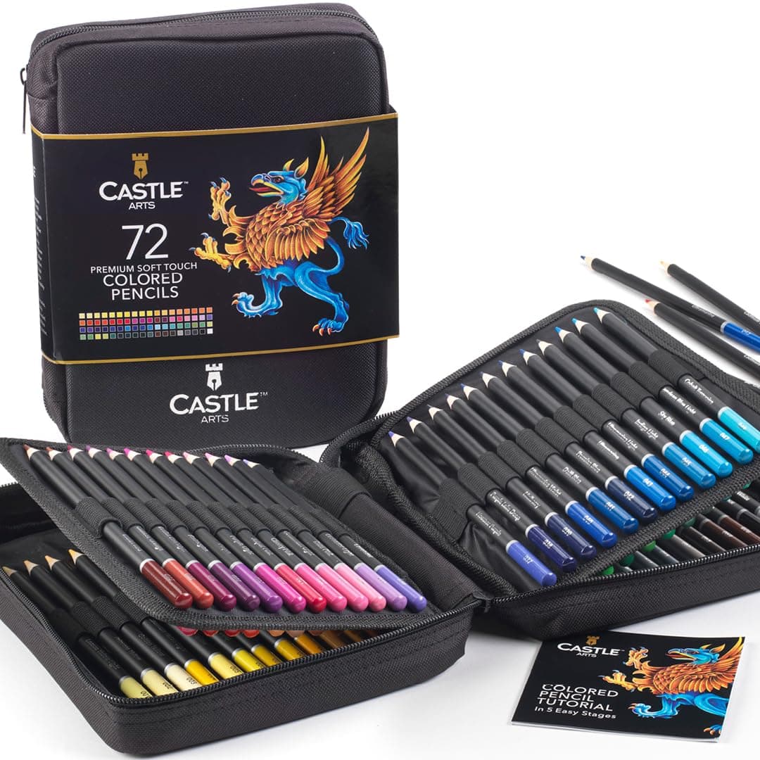 Castle Art Supplies - Set con cerniera lampo contenente 72 matite colorate, custodia facile per conservare e proteggere le matite colorate