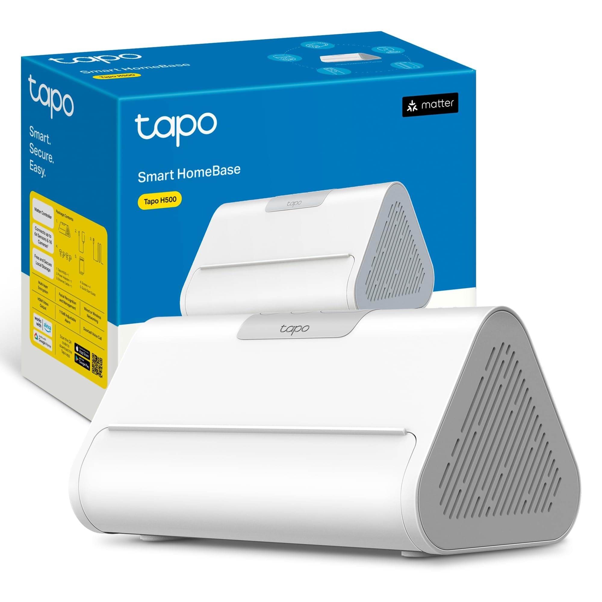Tapo H500 HomeBase 16GB Built-in, Memory Expandable up to 16TB, Supports 16 Cameras and 64 Sensors, Local Memory, HDMI, WiFi/Ethernet, Integrated Alarm, Matter Compatible, hub