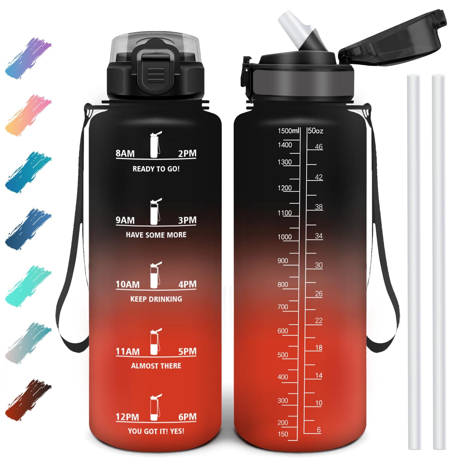 Motswedi Borraccia 1500 ml, Borraccia Motivazionale senza BPA, Borracce con Cannuccia Nero Opaco & Rosso