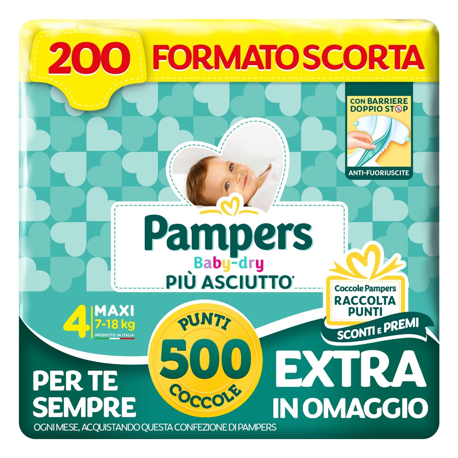 Pampers Baby Dry Maxi, Taglia 4 (7-18 kg), 200 Pannolini Bambino | Formato Scorta, Barriere Anti-Fuoriuscite, Più Asciutto Fino a 12h, Linguette Rinforzate e Avvolgenti, 500 Punti Omaggio