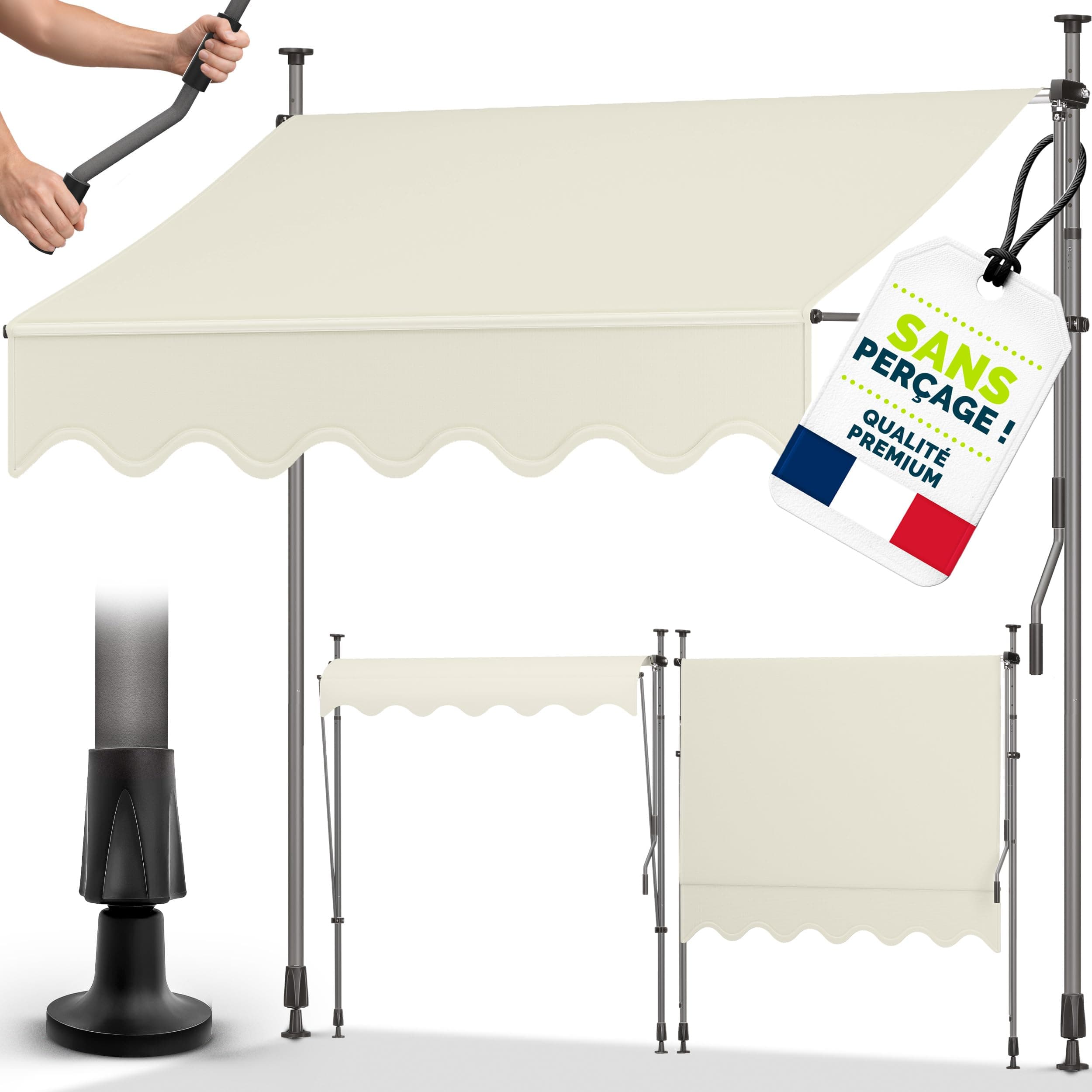 tillvex Store Banne Manuel rétractable avec manivelle pour Le Balcon | Marquise de terrasse sans percement | Marquise Soleil de Balcon auvent téléscopique (Sable, 300cm)