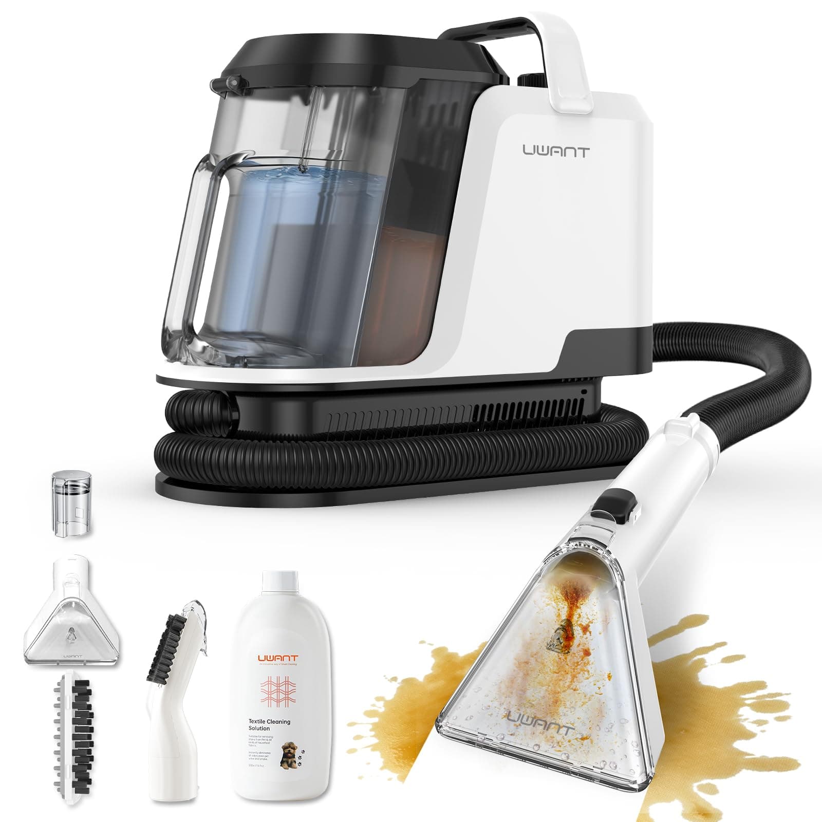 Uwant Y100 Lavatappeti e Divani Lava e Asciuga, 600W 18 kPa, Serbatoio Doppio 1.2L e Auto-Pulizia, Igienizza al 99.9% con Detergente 500ml e Spazzole, Per la Pulizia di Divano, Tappezzeria e Materassi