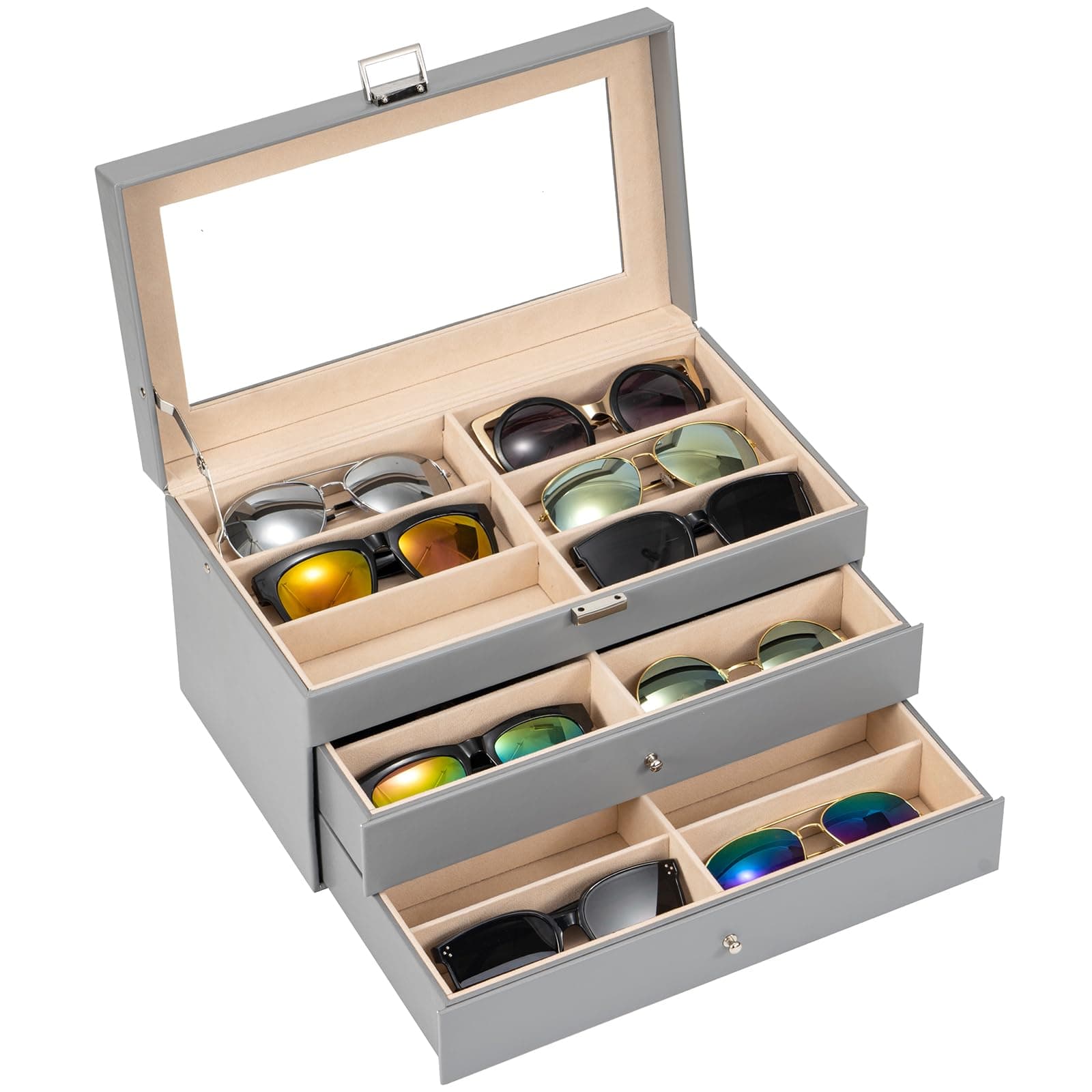 Procase Caja Gafas, Expositor Gafas de Sol, Organizador Sunglasses 18 Compartimentos -Gris