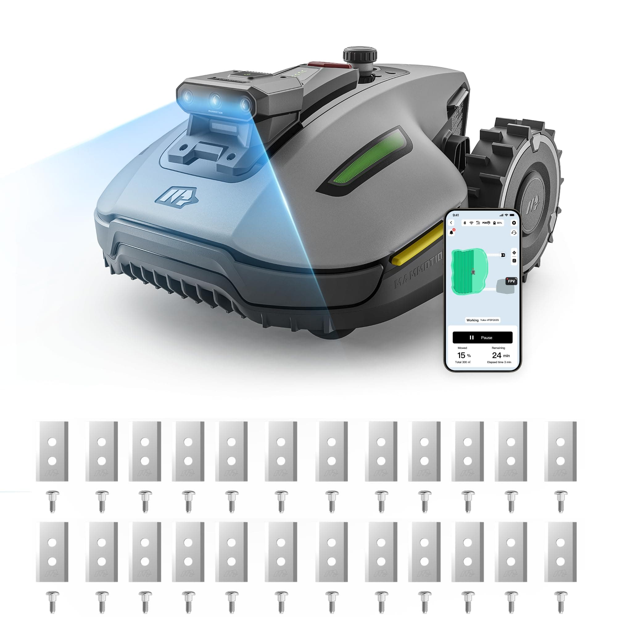 MAMMOTION YUKA Mini 2 500 Robot Tondeuse avec Lames combinées (3 Jeux (24 Lames), jusqu'à 500m², Zéro Perte de Signal, sans RTK, AI Traitement d’Image à Trois Caméras Robot Tondeuse