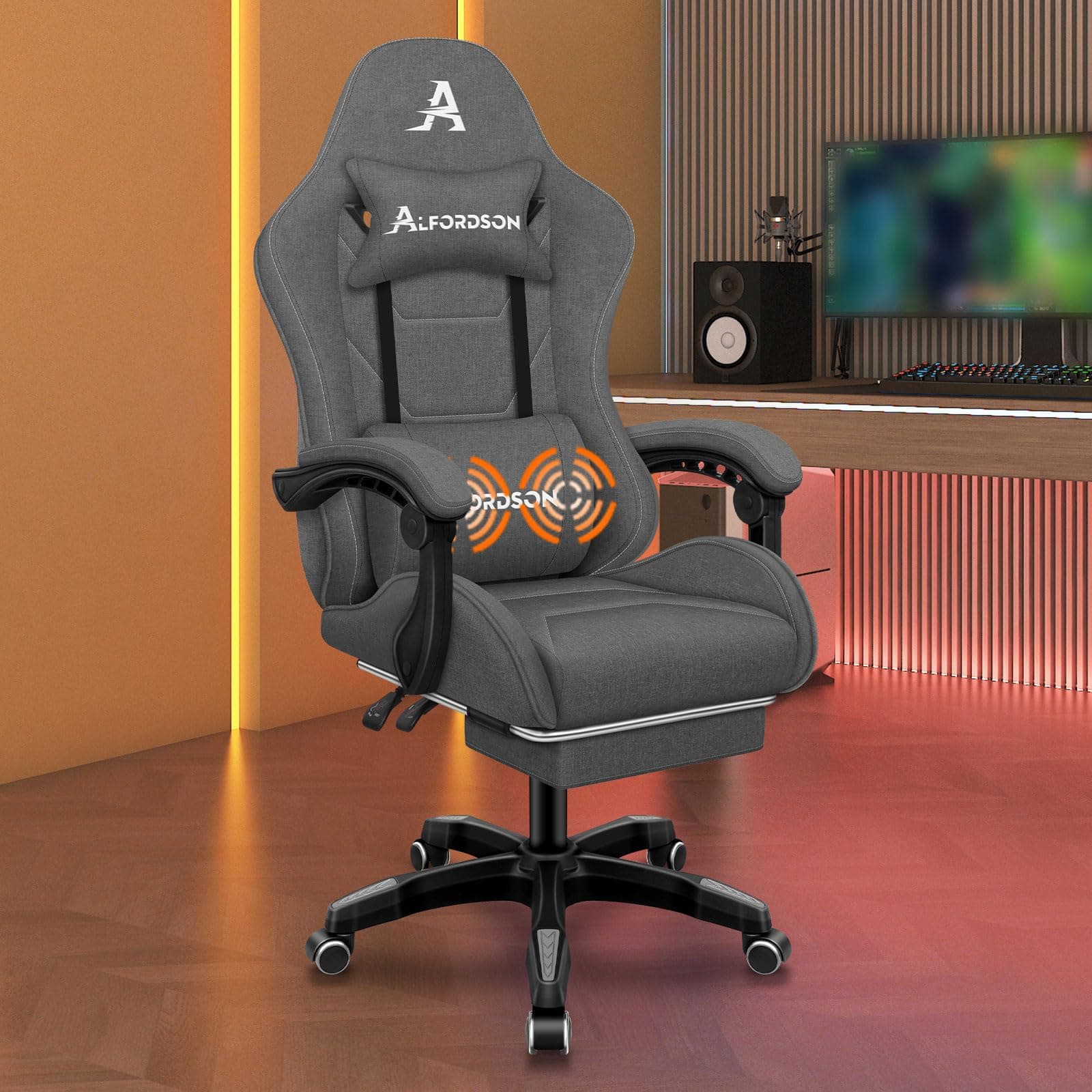ALFORDSON Sedia Gaming Massaggiante, Sedia Gamer con Poggiapiedi Telescopico, Poltrona Ergonomica da Ufficio con Cuscino Lombare & Poggiatesta Regolabili, Regolabile 90-150°, Tessuto(Grigia)