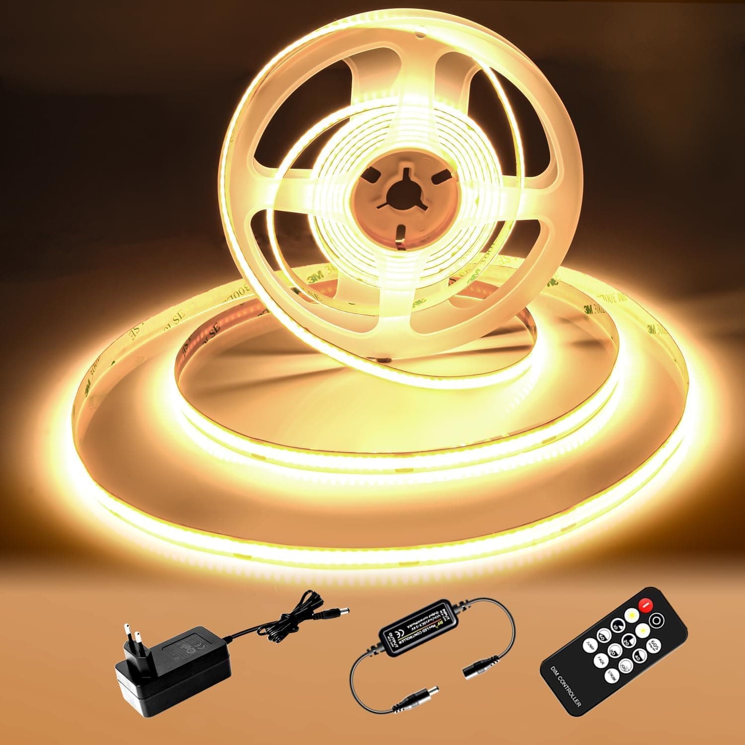 Ruban LED COB 5M, Bande LED blanc chaud 2700K, Bande LED 24V Dimmable, CRI92, largeur 8mm, avec télécommande et alimentation, pour la décoration de la maison, la cuisine, le miroir