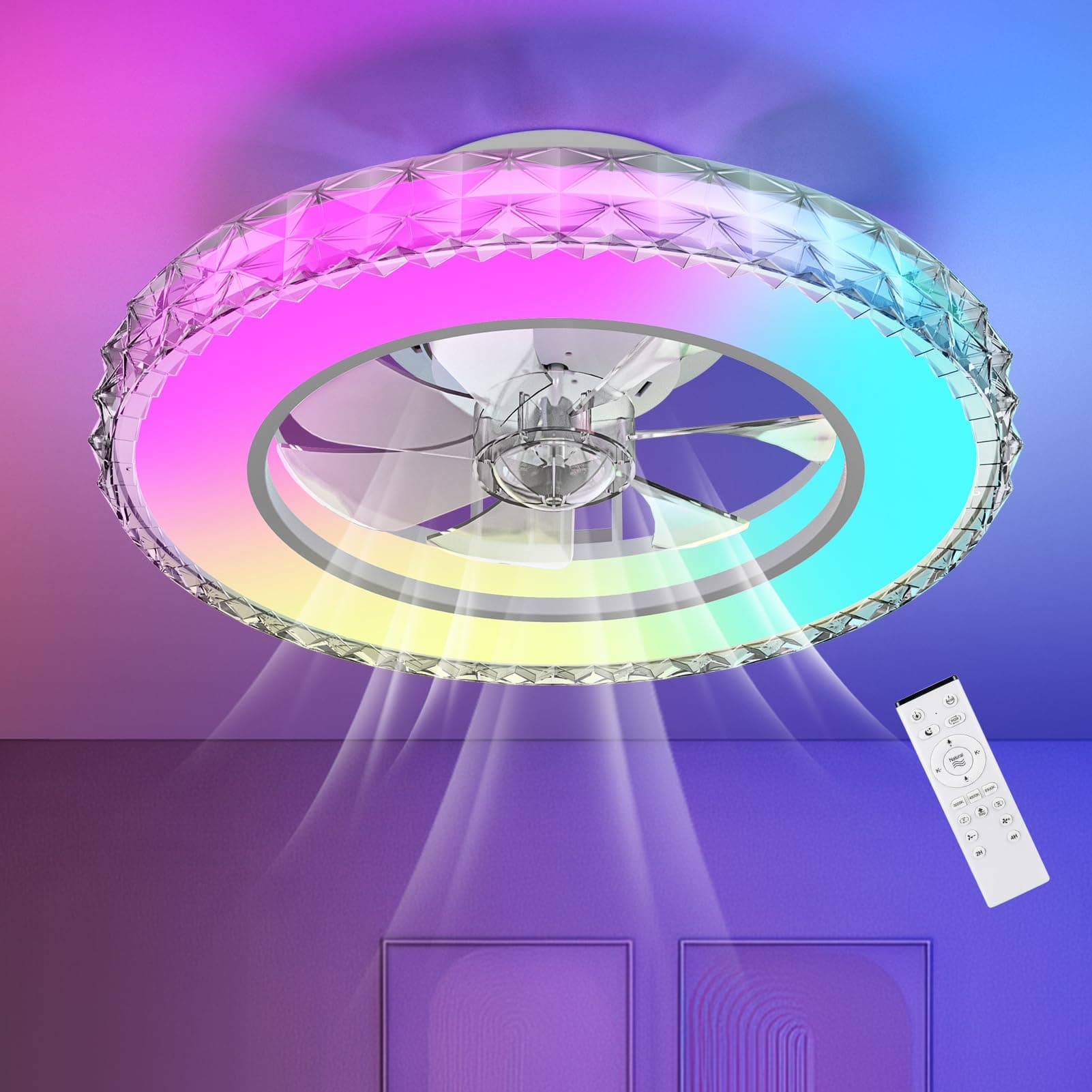 Ateroll Cristal Ventilateur Plafond avec Lumiere Ø43.5 cm, 3000K-4000K-6500K+RGB, 6 Vitesses de Ventilation Réglables avec Télécommande, Minuterie, Mémoire de Lumière, Ventilateur Réversible