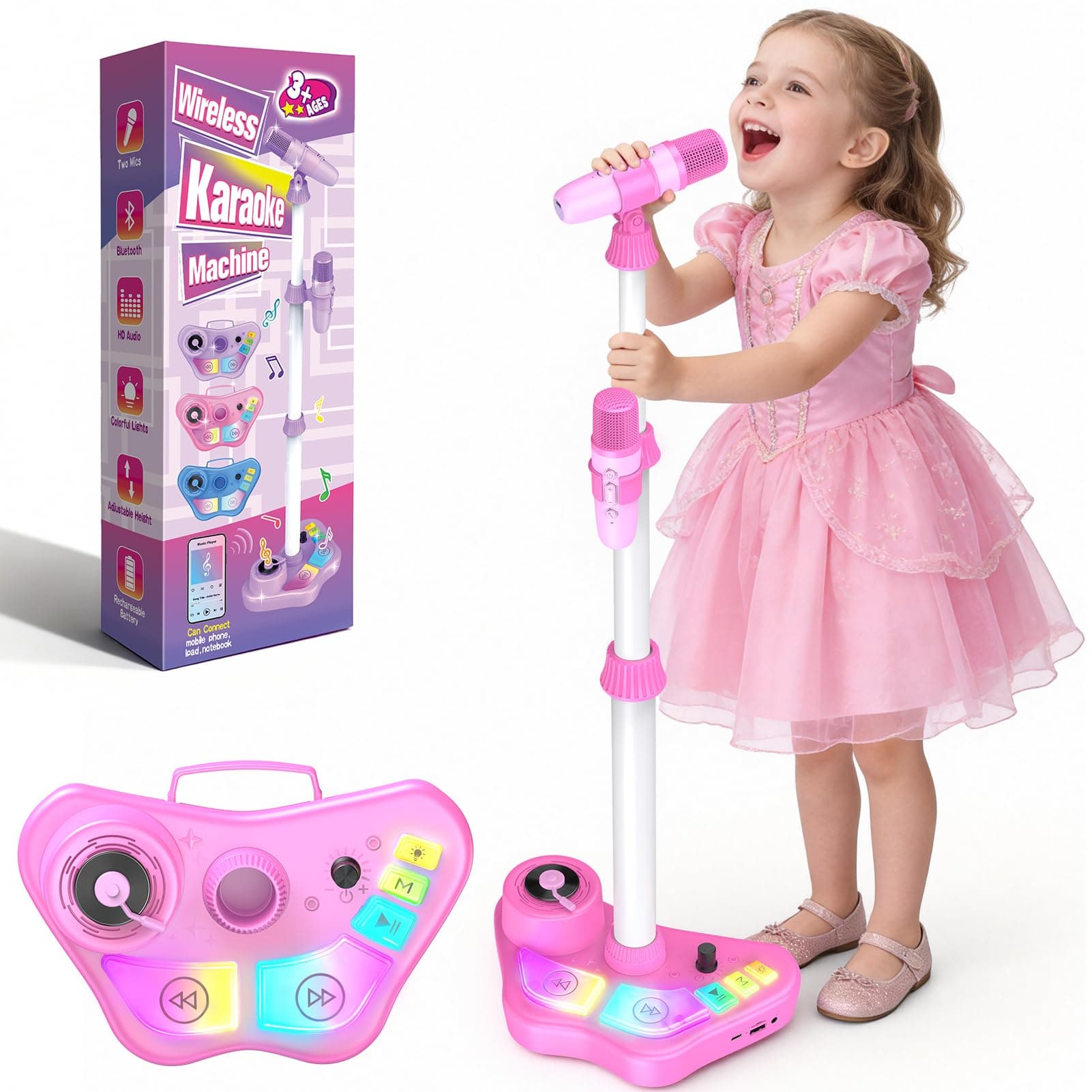 Dislocati Microphone pour Enfants avec Support, Micro Karaoke Enfant avec Support et Lumière, Cadeau Anniversaire Fille 3-12 Ans, Micros Enfant avec Lumières Multicolores, Bluetooth/TF/USB (Rose)