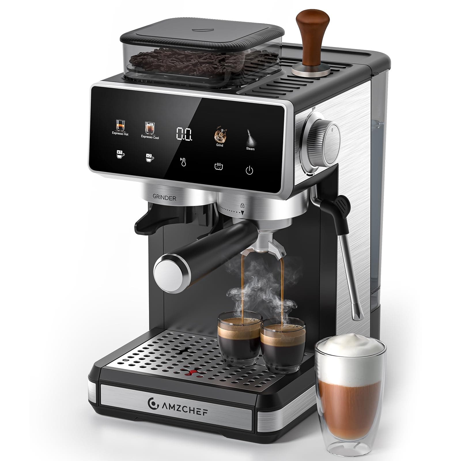 AMZCHEF Cafetera express con molinillo, cafetera espresso 20 bar para casa con vaporizador de leche, 3 niveles de temperatura, 20 ajustes de molienda, función de café frío y caliente, pantalla táctil