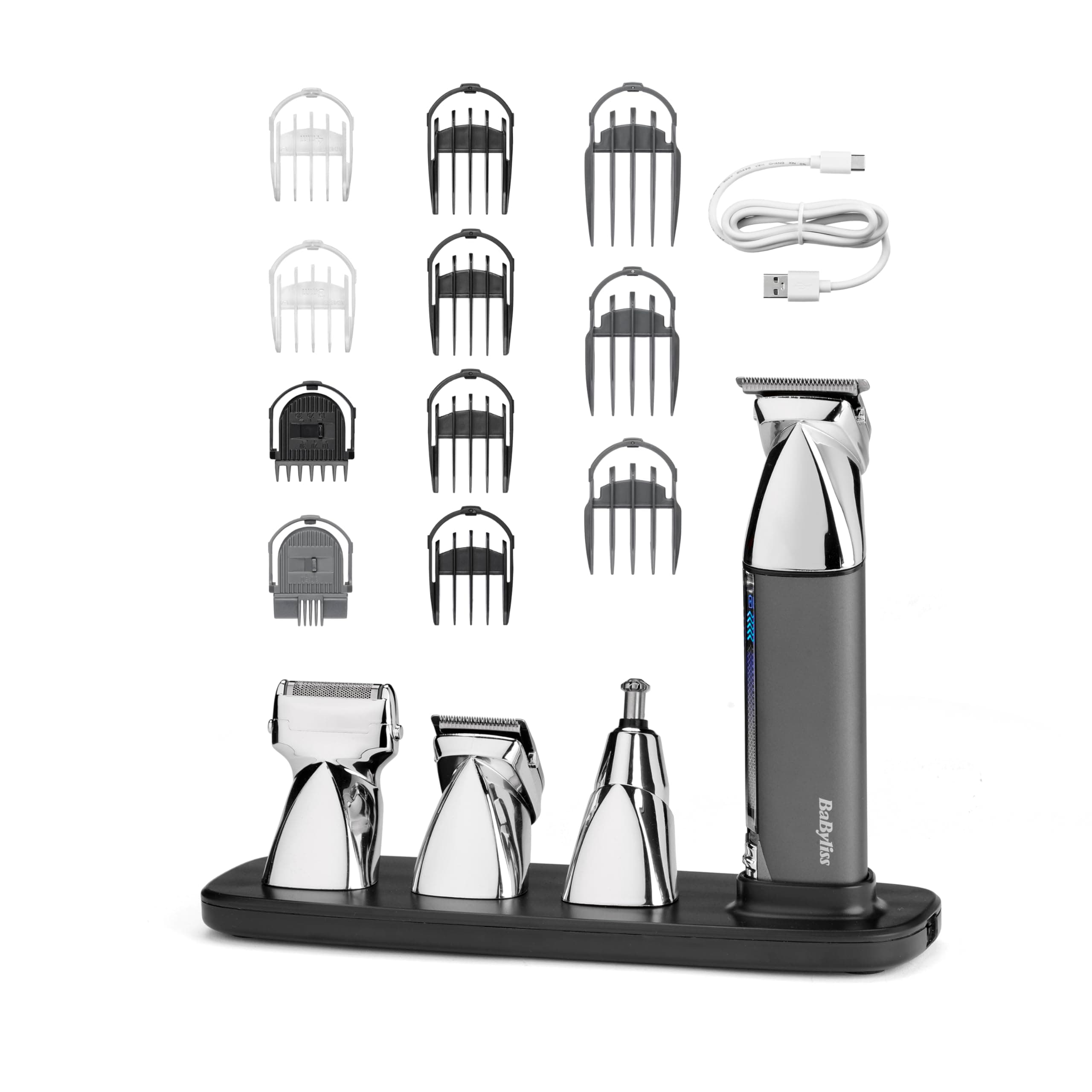 BaByliss Recortadora Multifunción Super-X Metal 15 en 1 – Kit Cuidado Masculino inalámbrico, Afeitadora, Barbero, Detalle nariz y orejas, Resistente al agua, Regalo para hombres, Plateado/Gris, MT996E