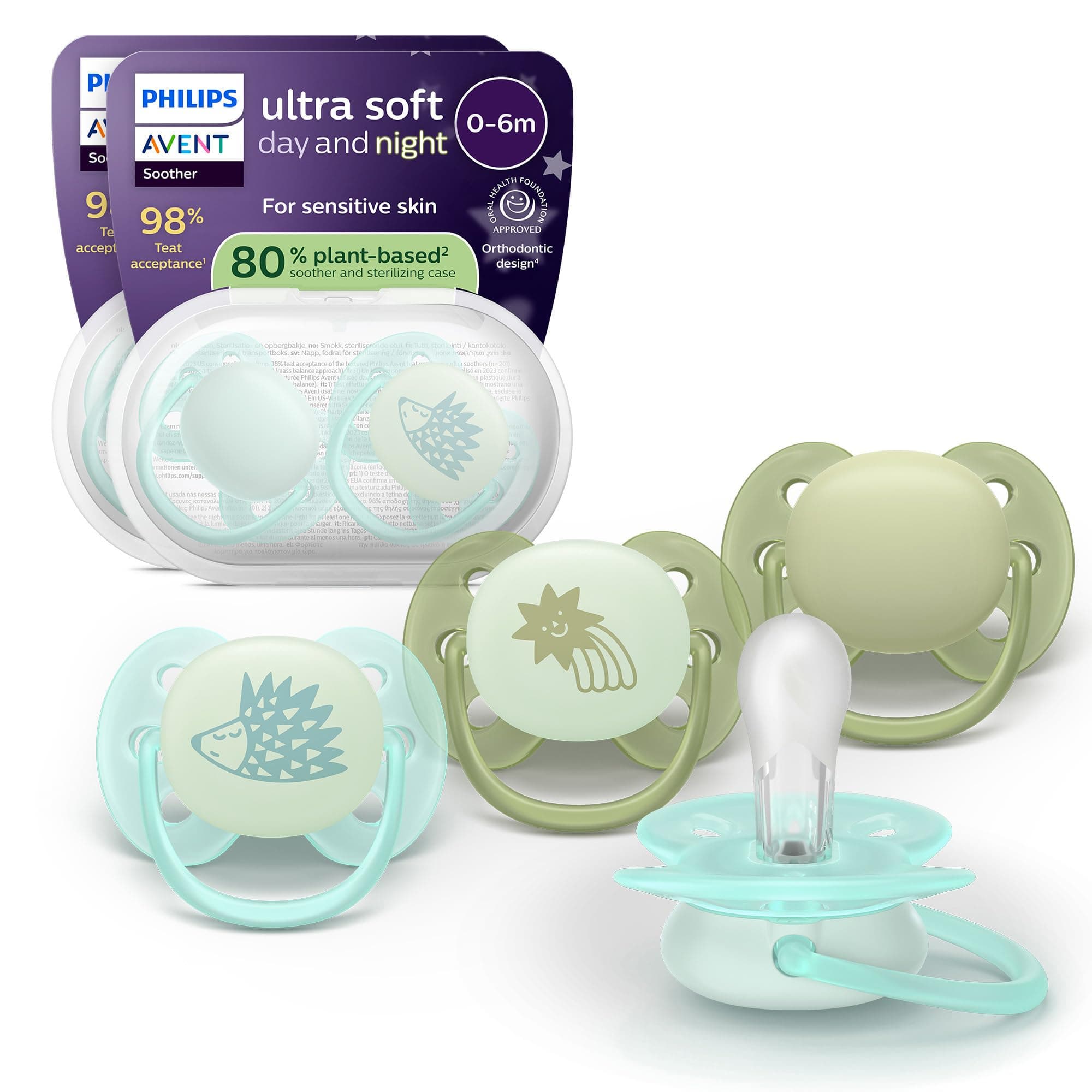 Philips Avent Ultra Soft Schnuller für Tag und Nacht – kiefergerecht, für Babys 0–6 Monate, leuchtet im Dunklen, symmetrische Form aus weichem Silikon, BPA-frei, 4er-Pack, SCF094/09