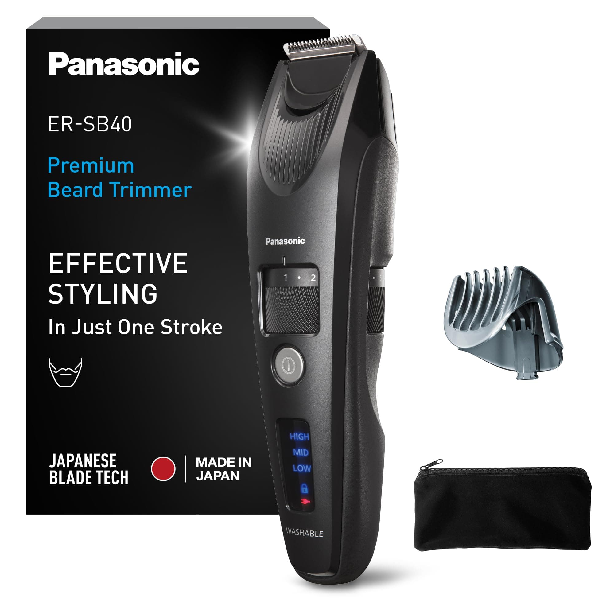 Panasonic ER-SB40-K803 Regolabarba da Uomo, Tagliacapelli Cordless Portatile Impermeabile, 20 Impostazioni di Lunghezza, Pettine, Funzionamento Senza Filo e con Cavo, Indicatore Batteria a LED, Nero