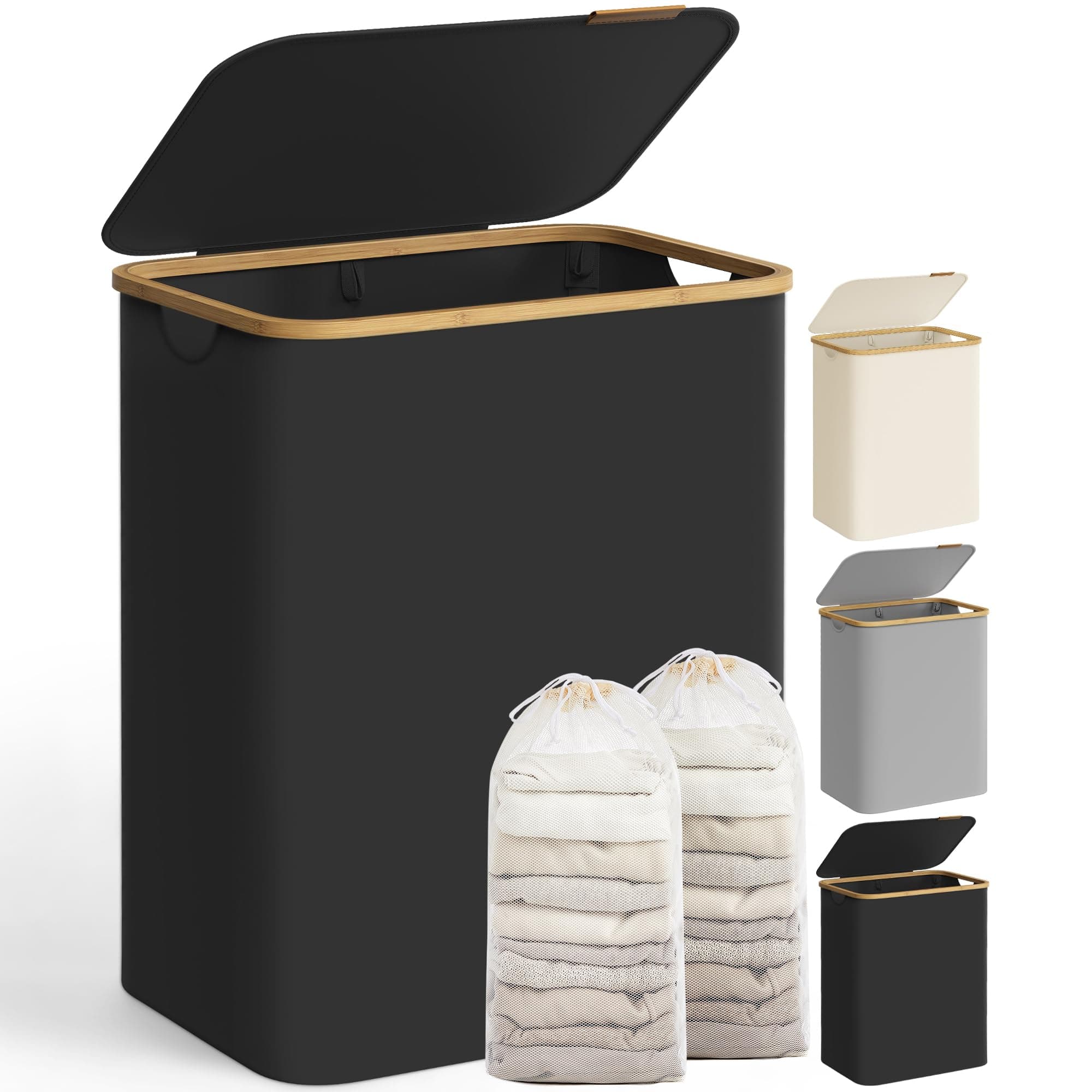 SONGMICS Wäschekorb mit Deckel, Wäschesammler mit 2 Fächern, 130 L, herausnehmbarer Wäschesack, Oxford-Gewebe, Griffe aus Bambus, zusammenklappbar, 52 x 38,5 x 70,5 cm, tintenschwarz LCB513B01