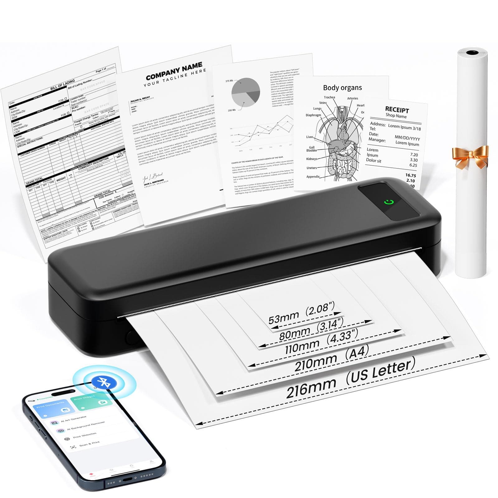 TATTMUSE Impresora Portatil a4, Bluetooth impresoras termica para Papel Térmica Casa Mini Movil Portatil Sin Tinta Wireless Portátiles Printer, Negro